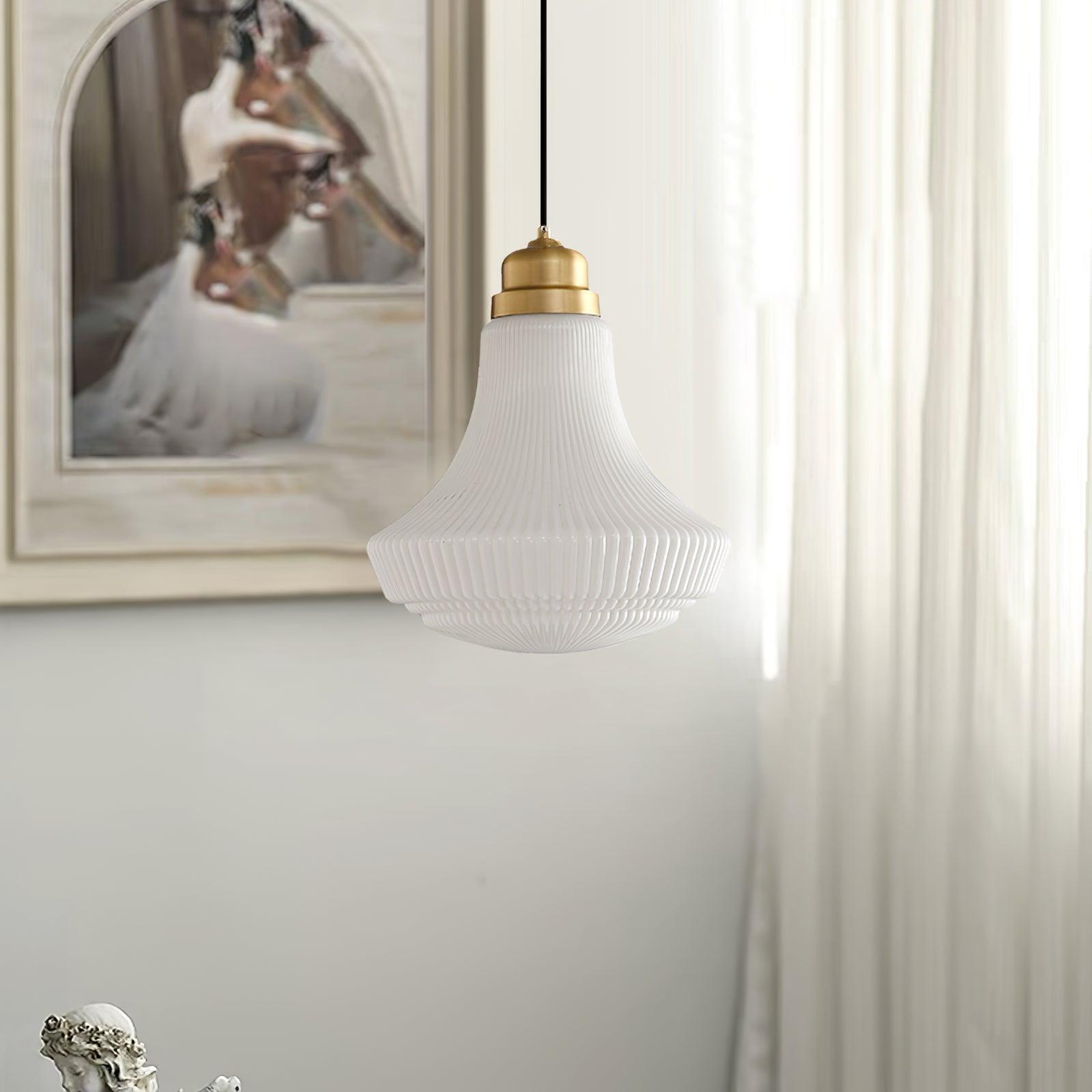 Duo Pendant Lamp Opal Glass Ribbed Bell Brass Vintage
