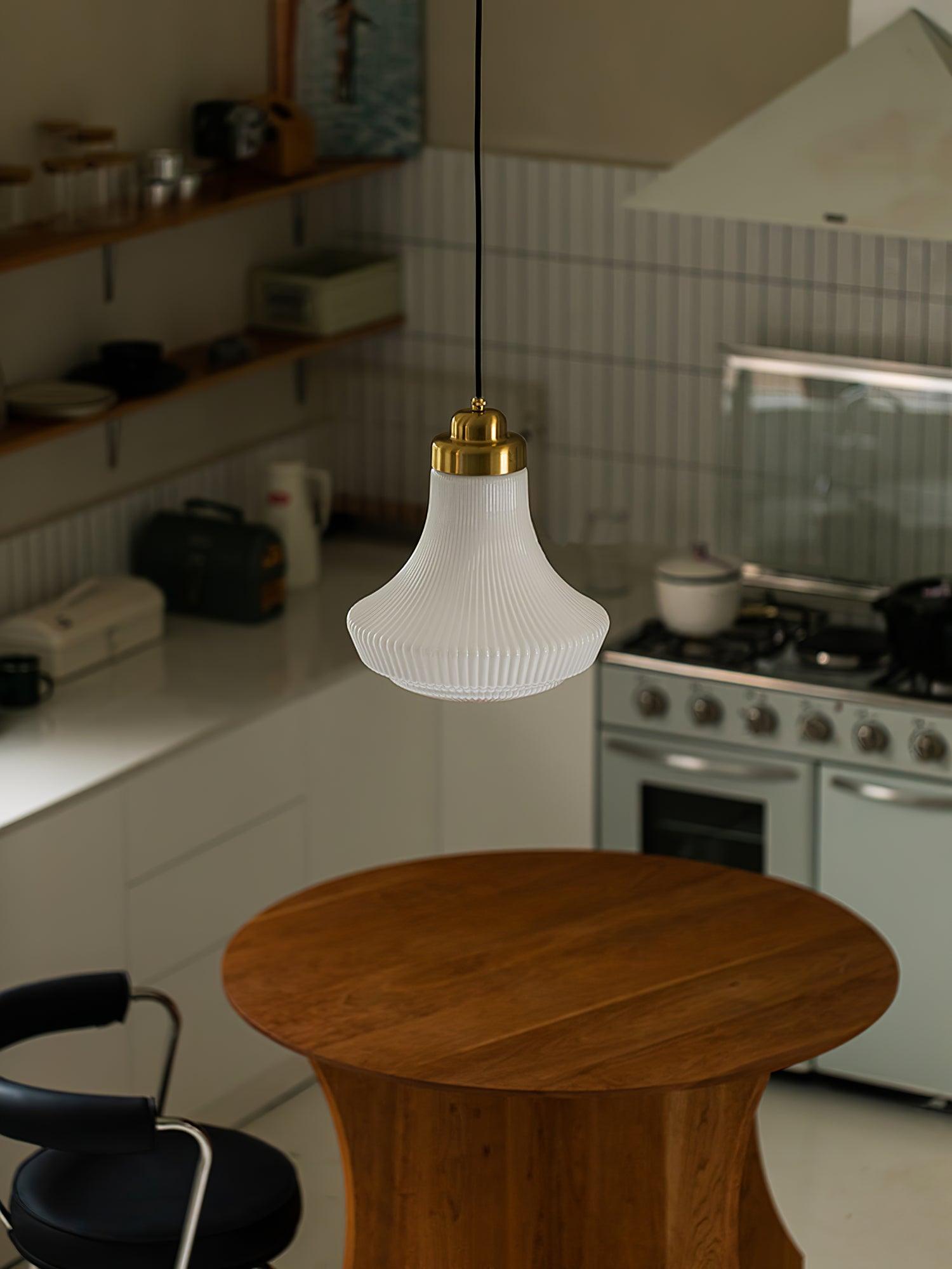 Duo Pendant Lamp Opal Glass Ribbed Bell Brass Vintage