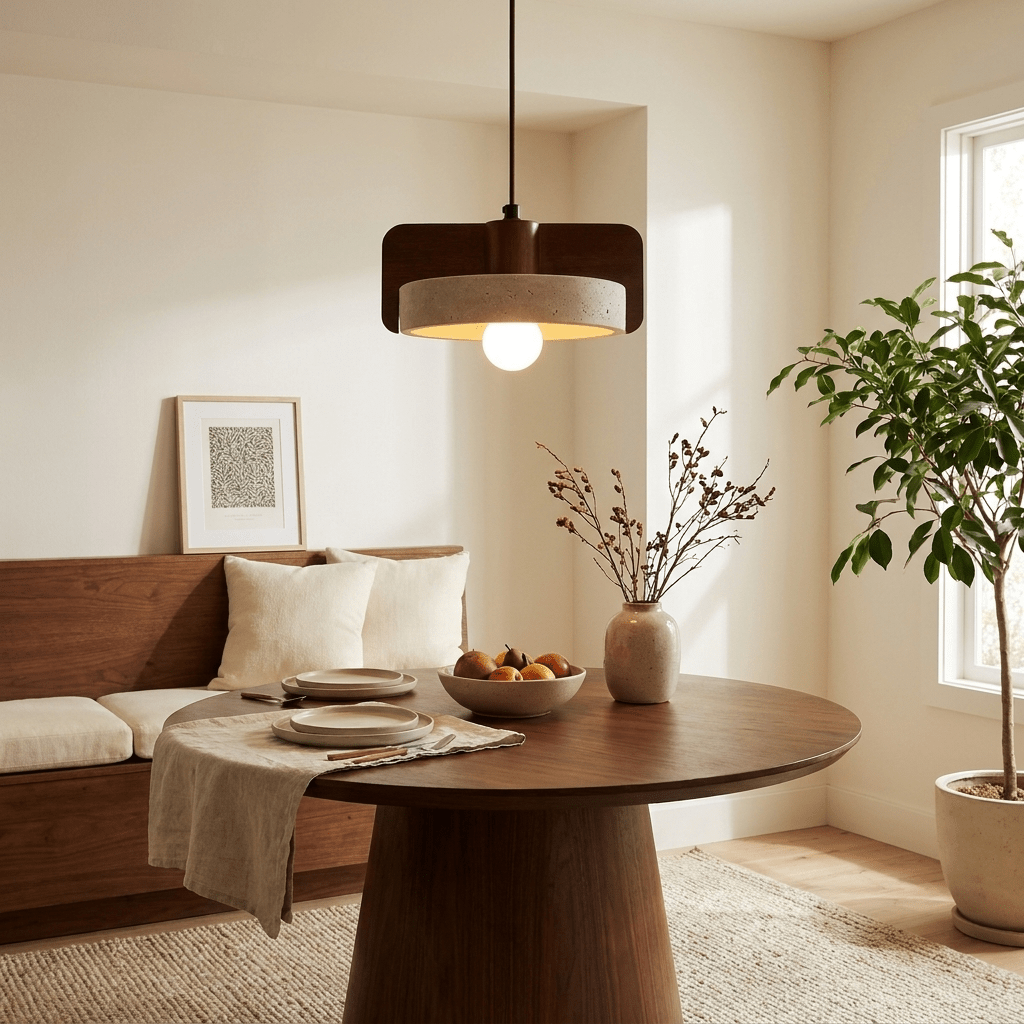 Squircle Wood Travertine Drum Pendant Light