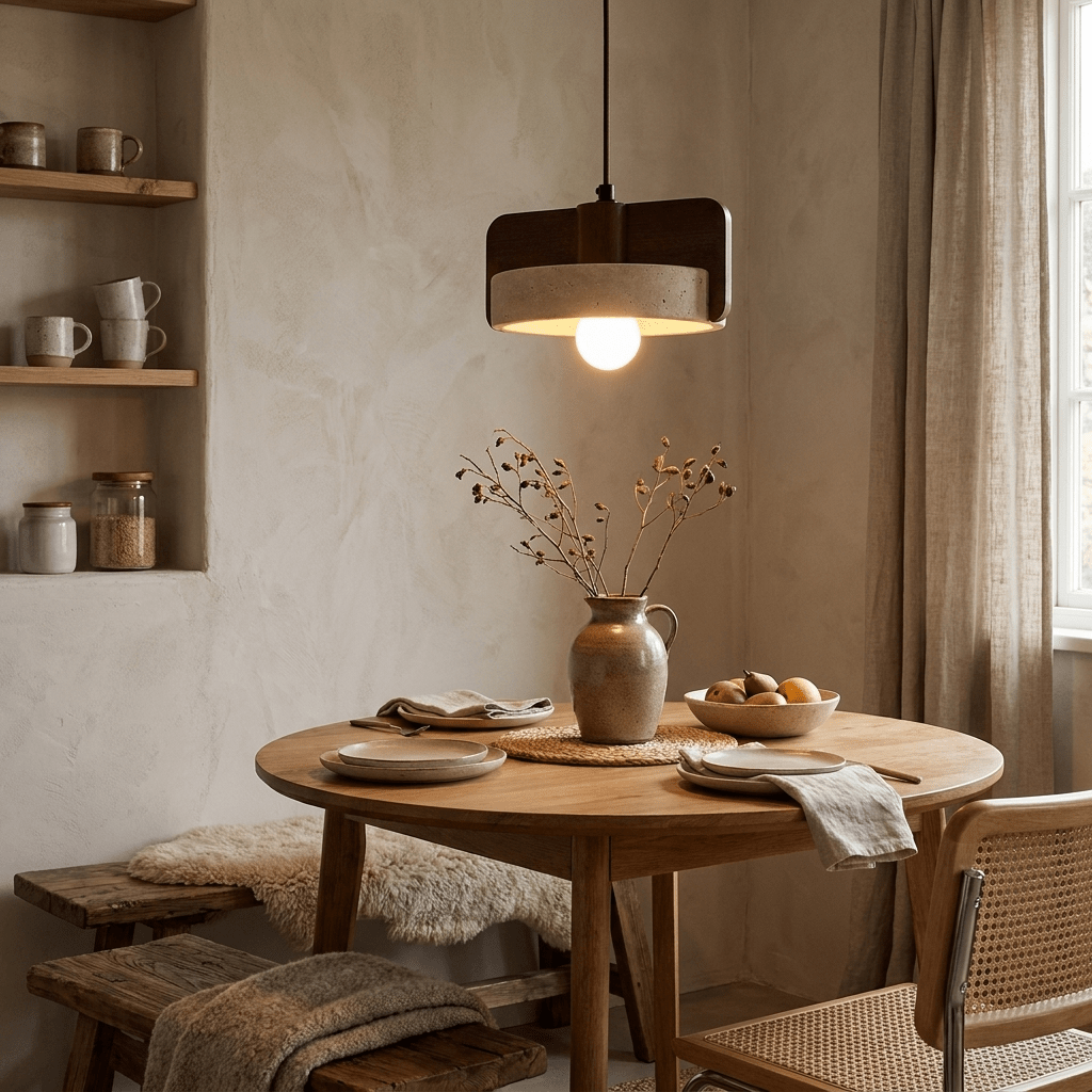 Squircle Wood Travertine Drum Pendant Light