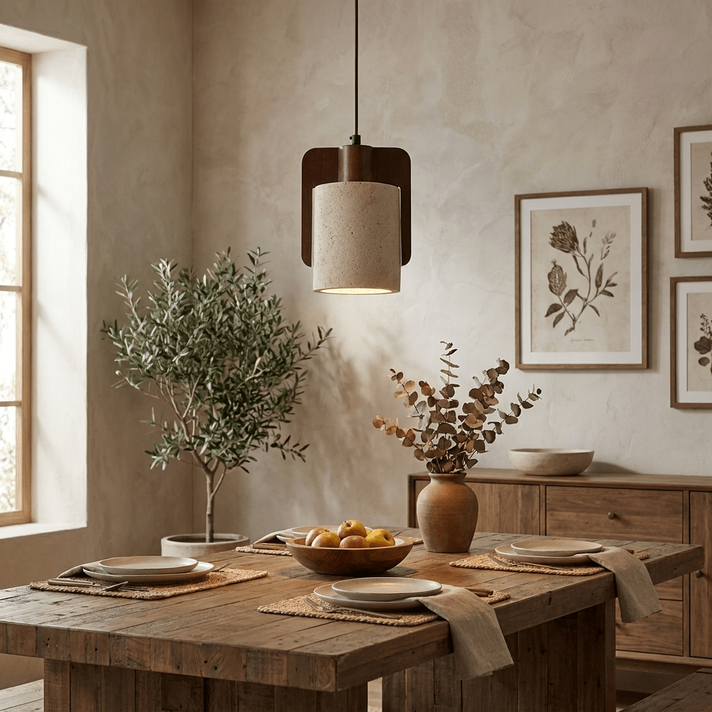 Squircle Wood Travertine Drum Pendant Light