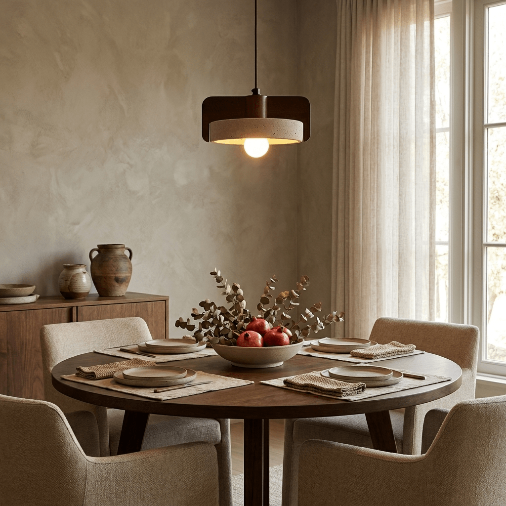 Squircle Wood Travertine Drum Pendant Light