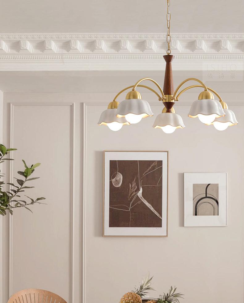 Aldoraria Chandelier Brass Wood Opaline Ceramic