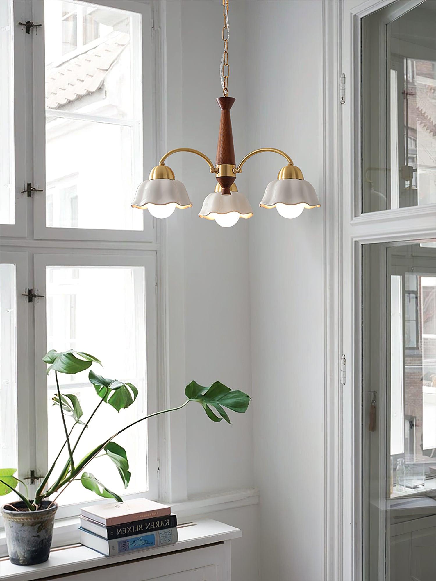Aldoraria Chandelier Brass Wood Opaline Ceramic