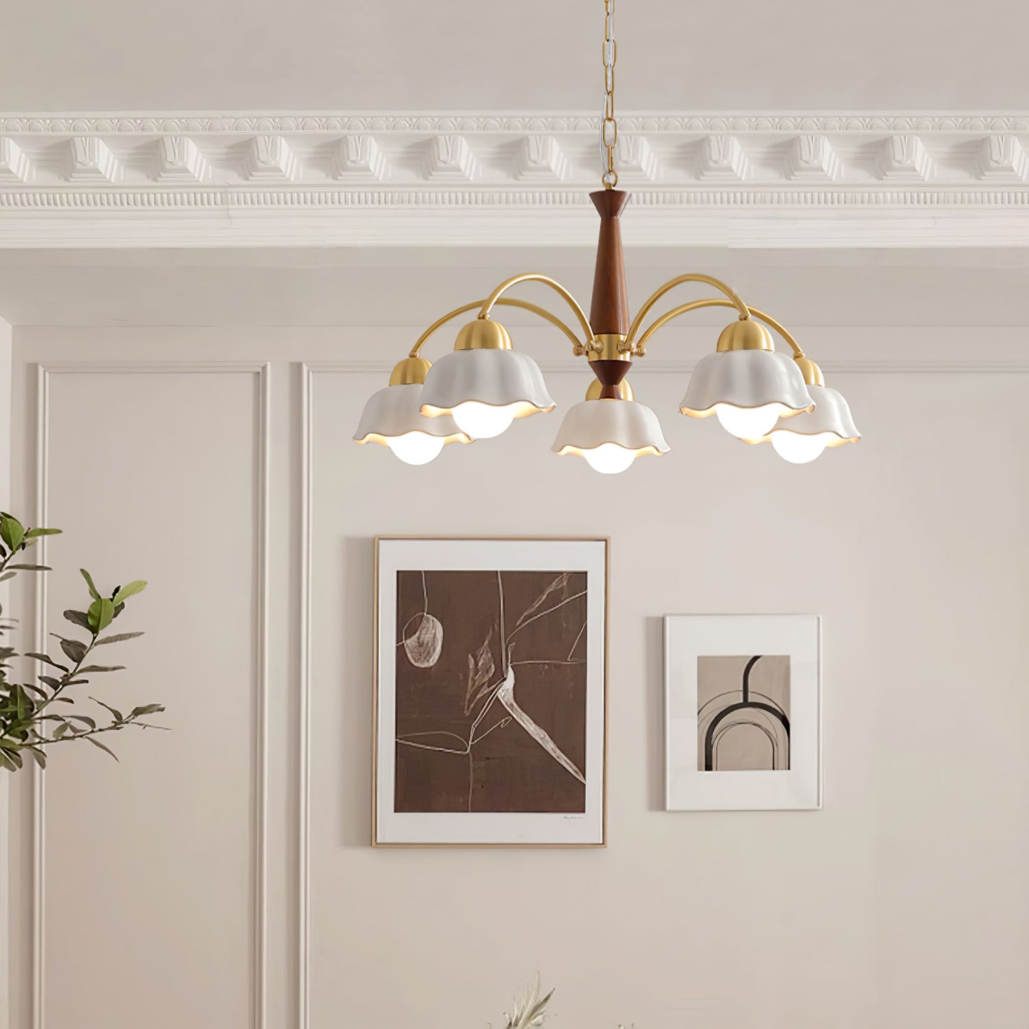 Aldoraria Chandelier Brass Wood Opaline Ceramic