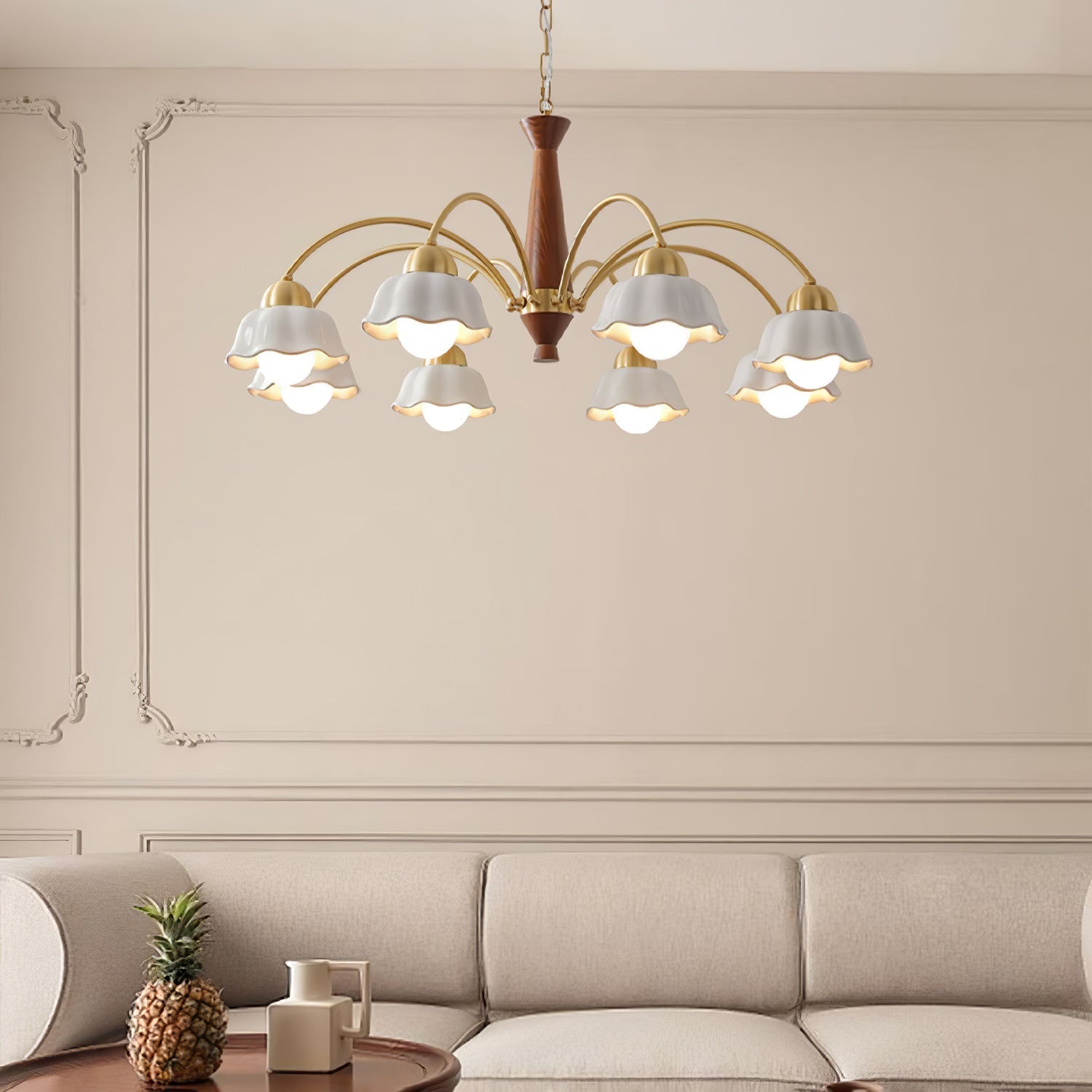 Aldoraria Chandelier Brass Wood Opaline Ceramic