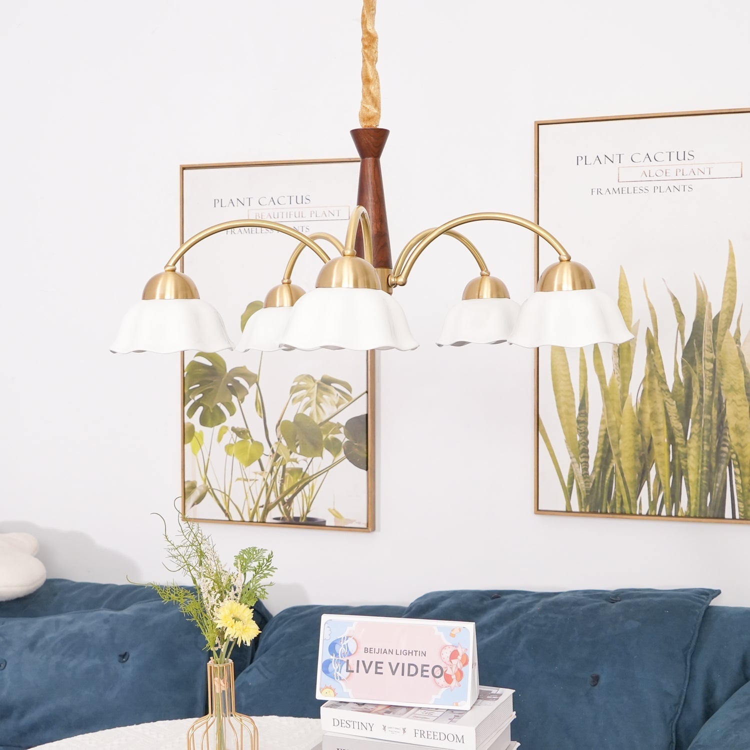 Aldoraria Chandelier Brass Wood Opaline Ceramic