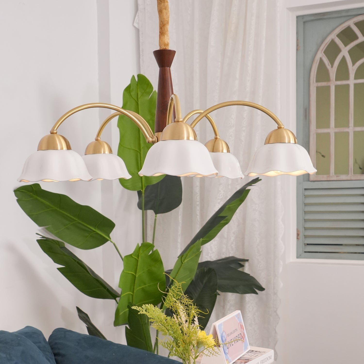 Aldoraria Chandelier Brass Wood Opaline Ceramic