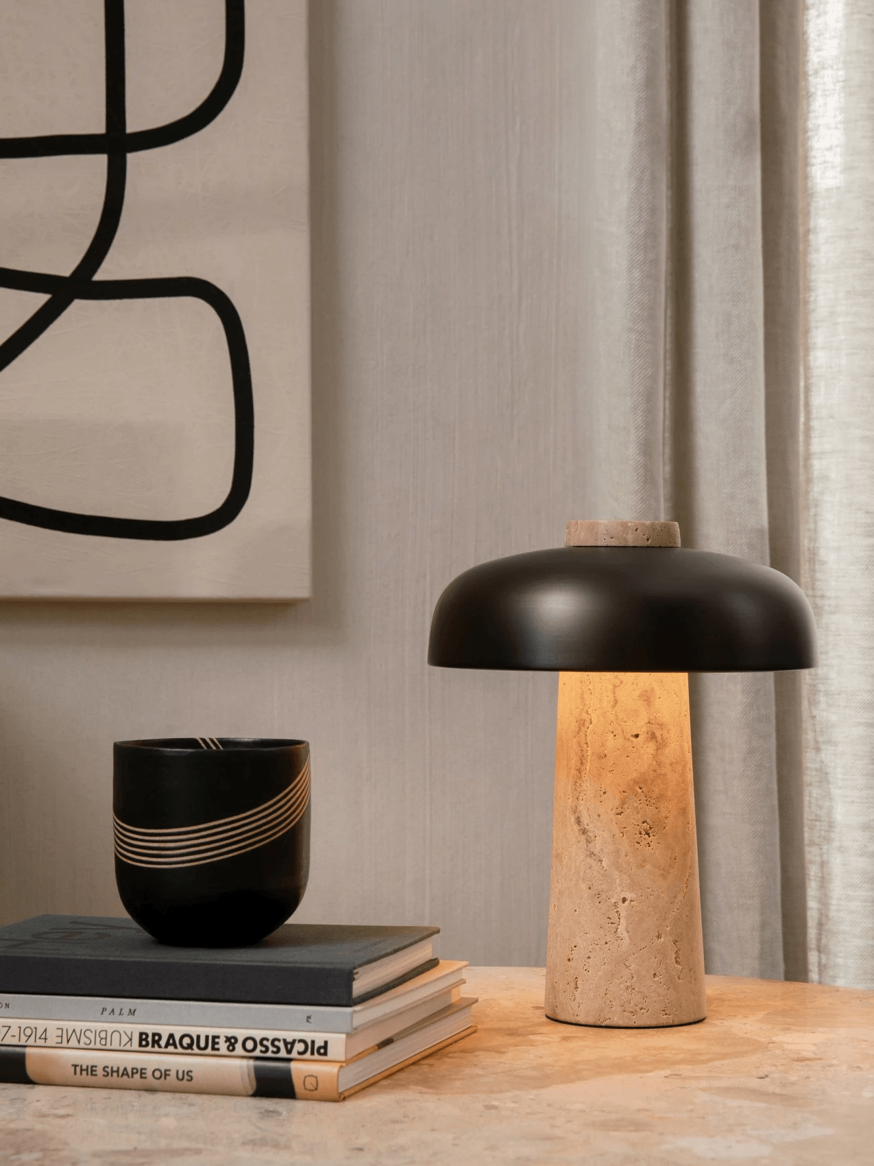 Tavivira Mushroom Form Travertine Table Lamp