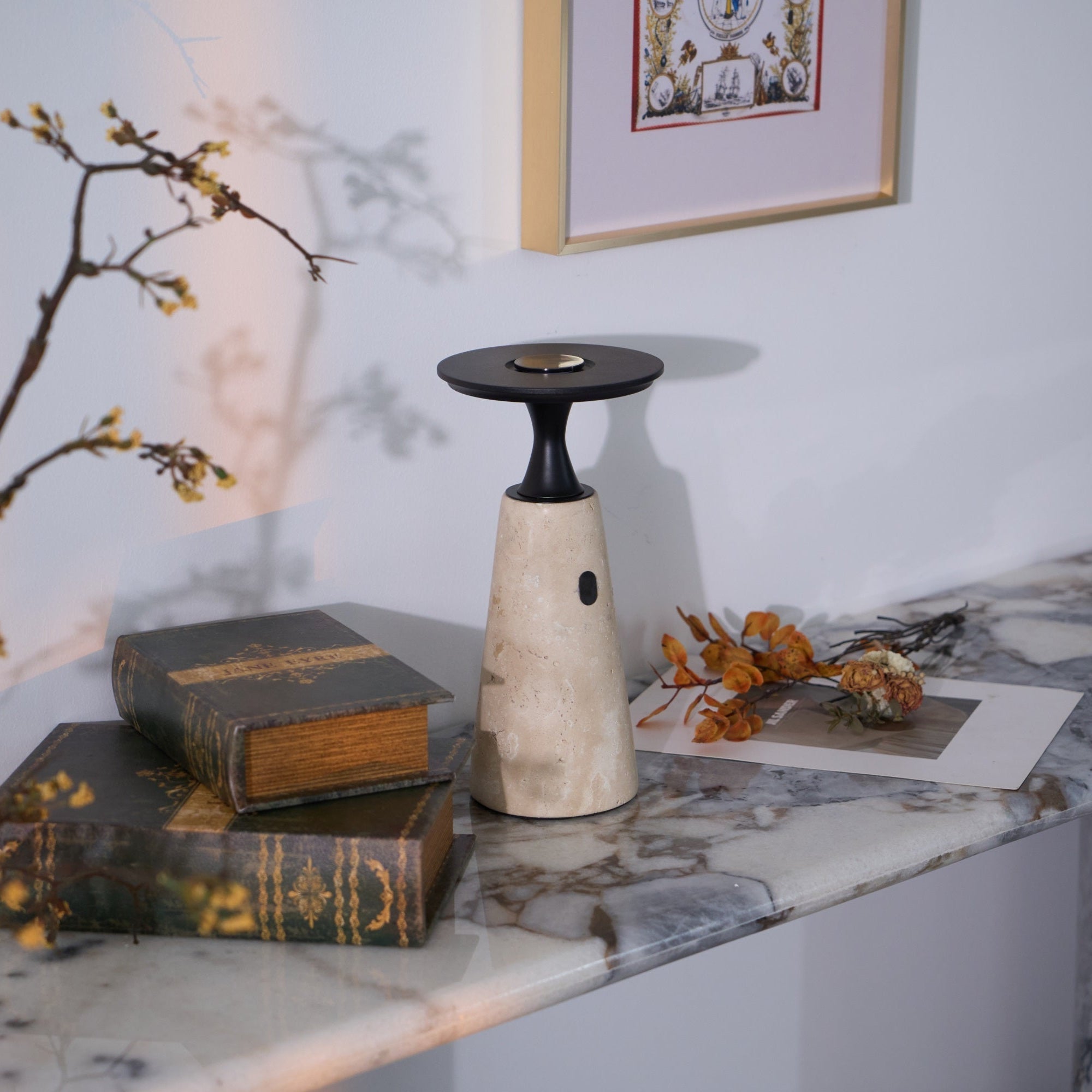 Vespera Sculptural Travertine Table Lamp