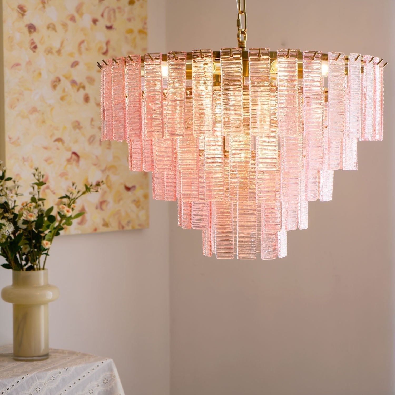 Lioririan Chandelier Pink Murano Glass Layered Vintage Luxury