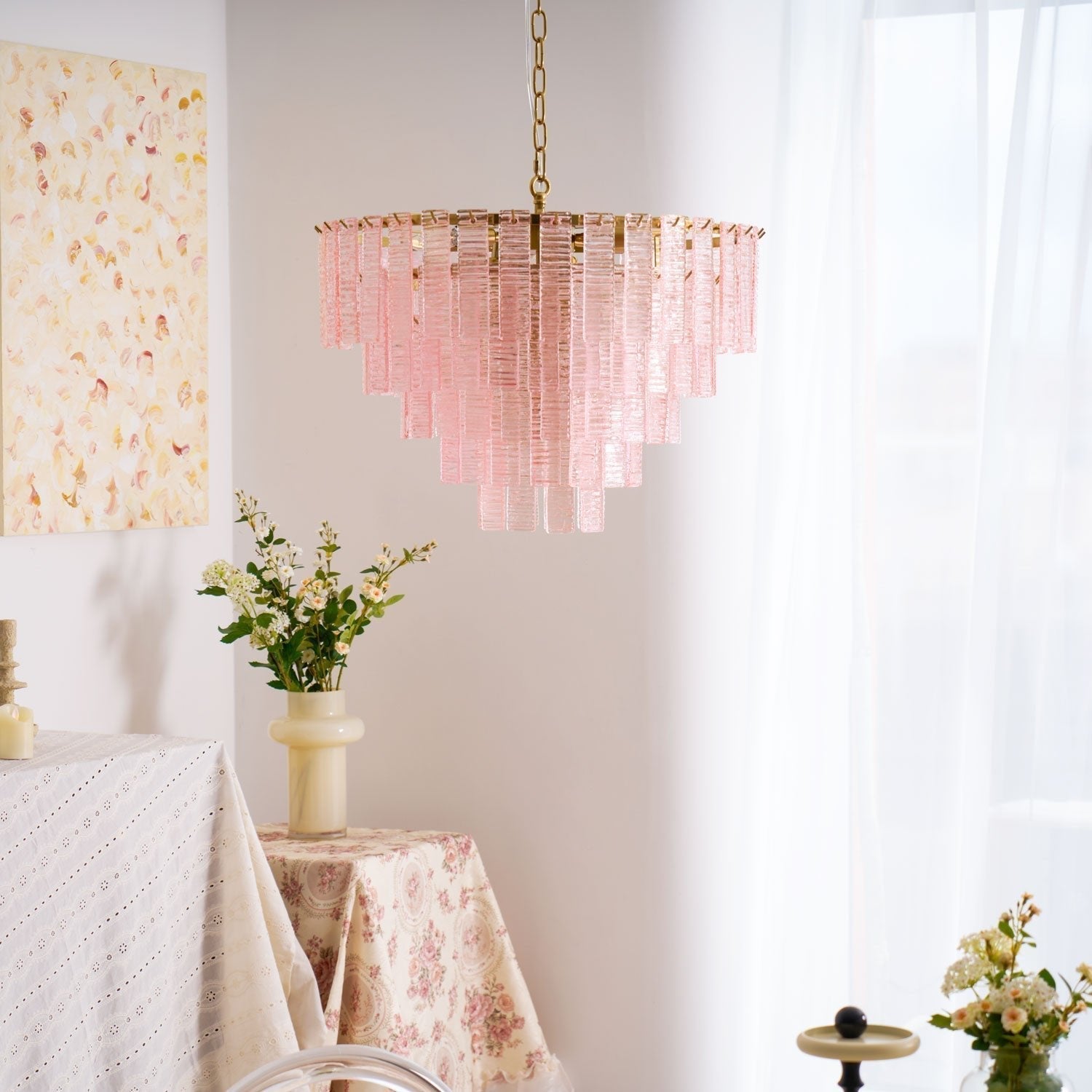 Lioririan Chandelier Pink Murano Glass Layered Vintage Luxury