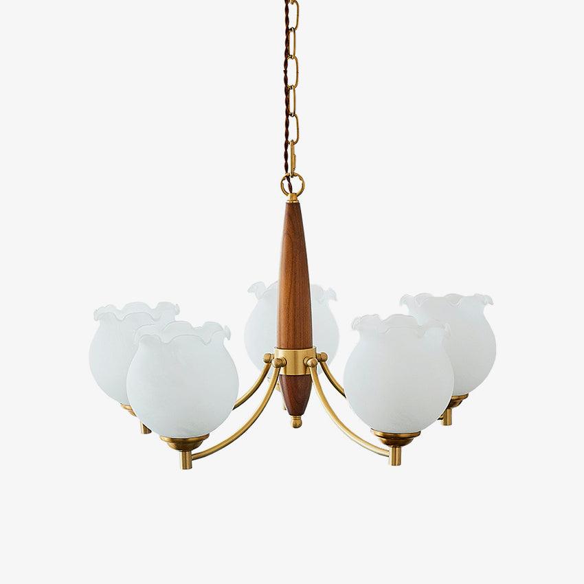 Elvelora Chandelier Tulip Glass Wood Brass Vintage