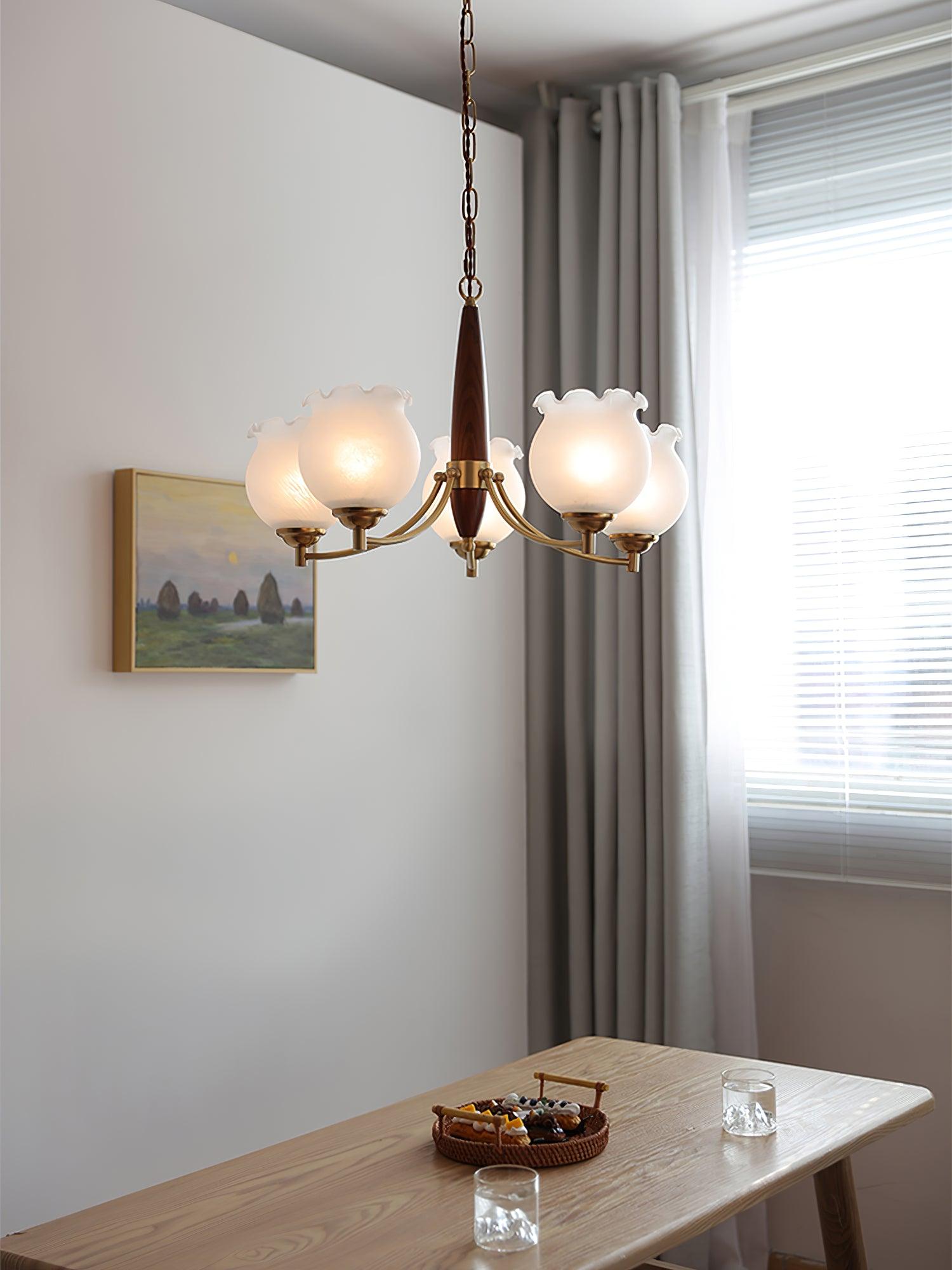 Elvelora Chandelier Tulip Glass Wood Brass Vintage