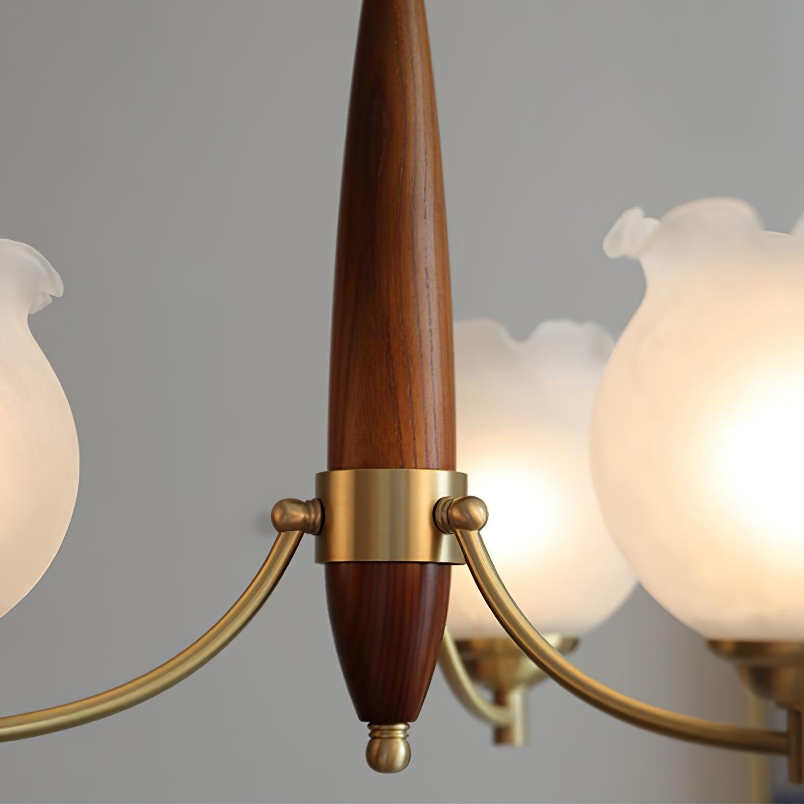 Elvelora Chandelier Tulip Glass Wood Brass Vintage