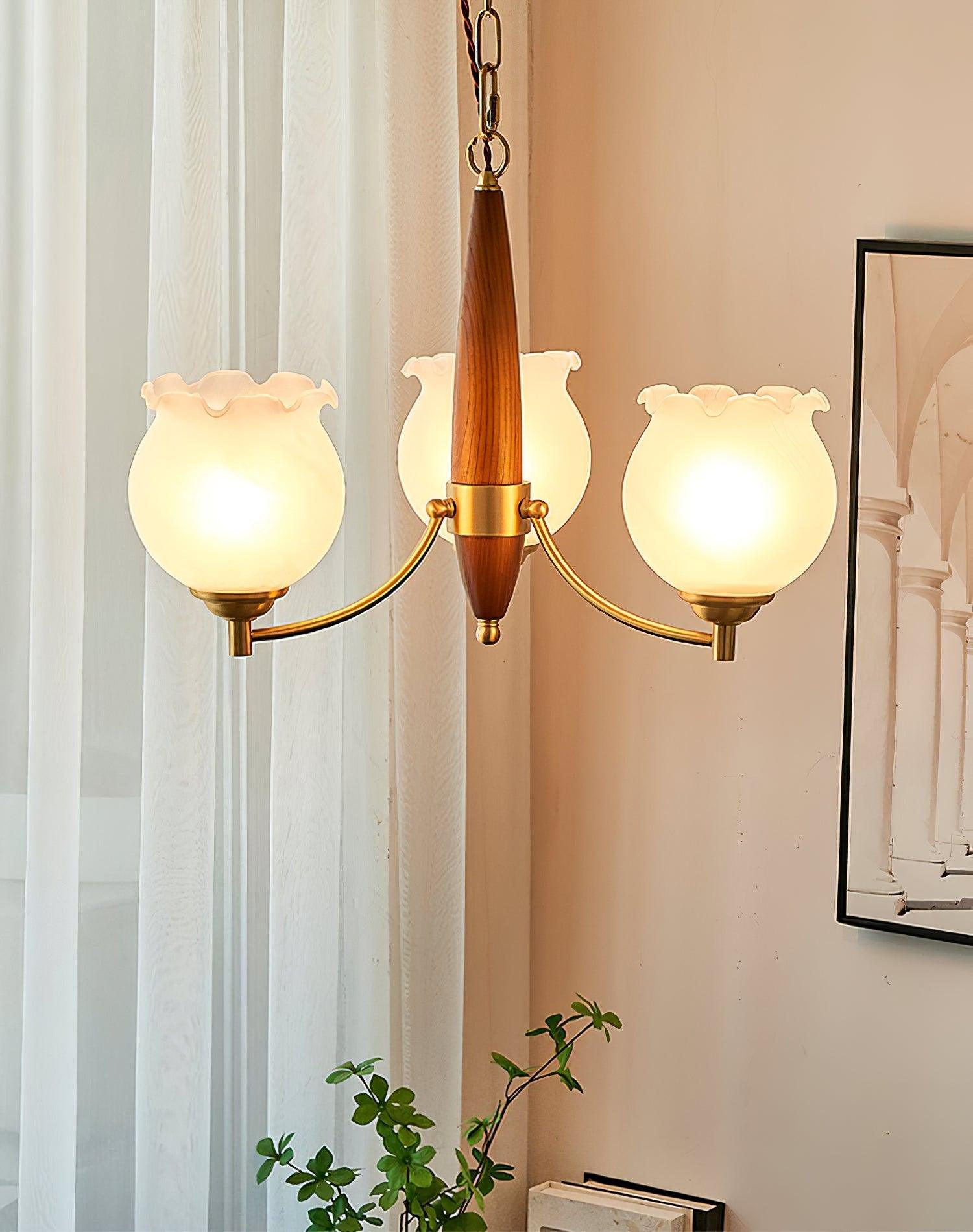 Elvelora Chandelier Tulip Glass Wood Brass Vintage