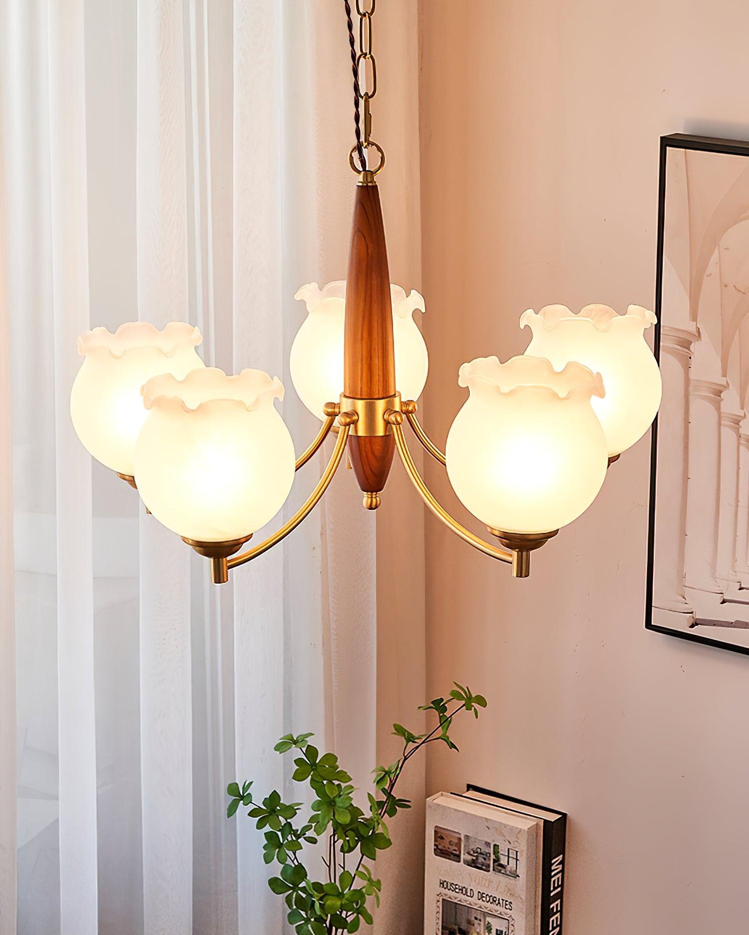 Elvelora Chandelier Tulip Glass Wood Brass Vintage
