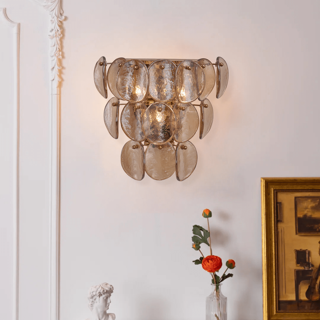 Aurora Wall Lamp Amber Glass Disc Fish Scale Brass - Neutral Decor