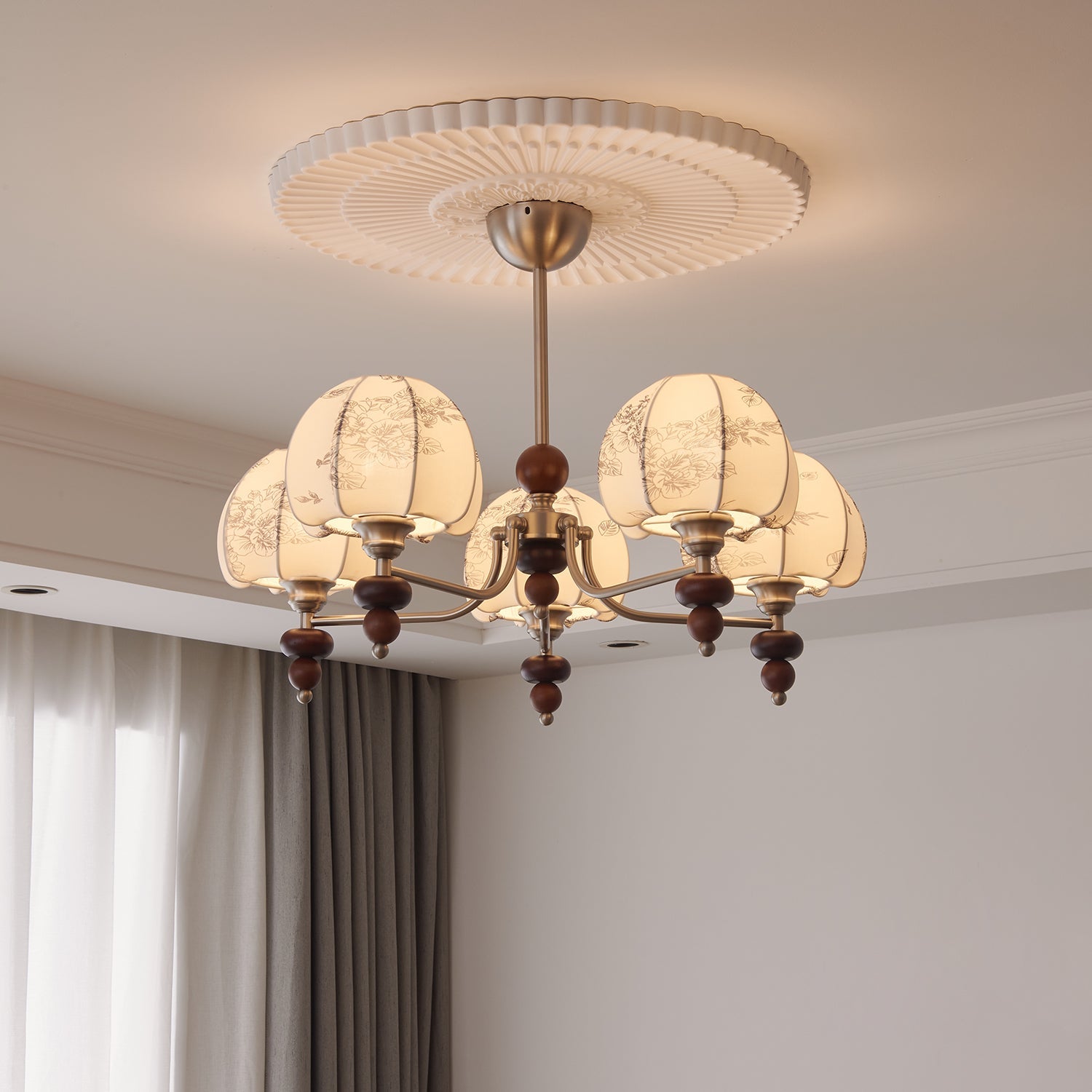 Comirisra Premium Traditional Petal Fabric Wood Chandelier