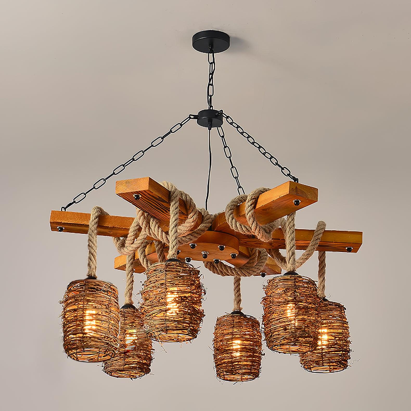 Rinoeon Chandelier Vintage Farmhouse Rattan Wooden