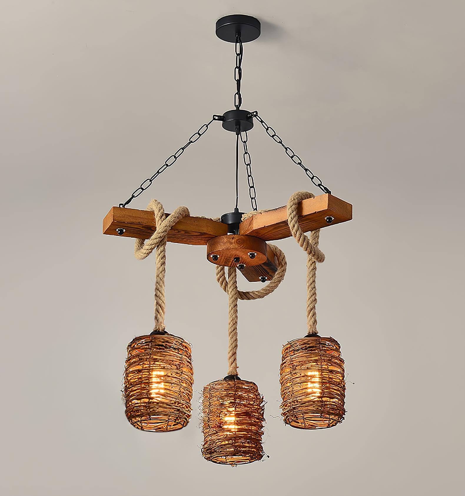 Rinoeon Chandelier Vintage Farmhouse Rattan Wooden