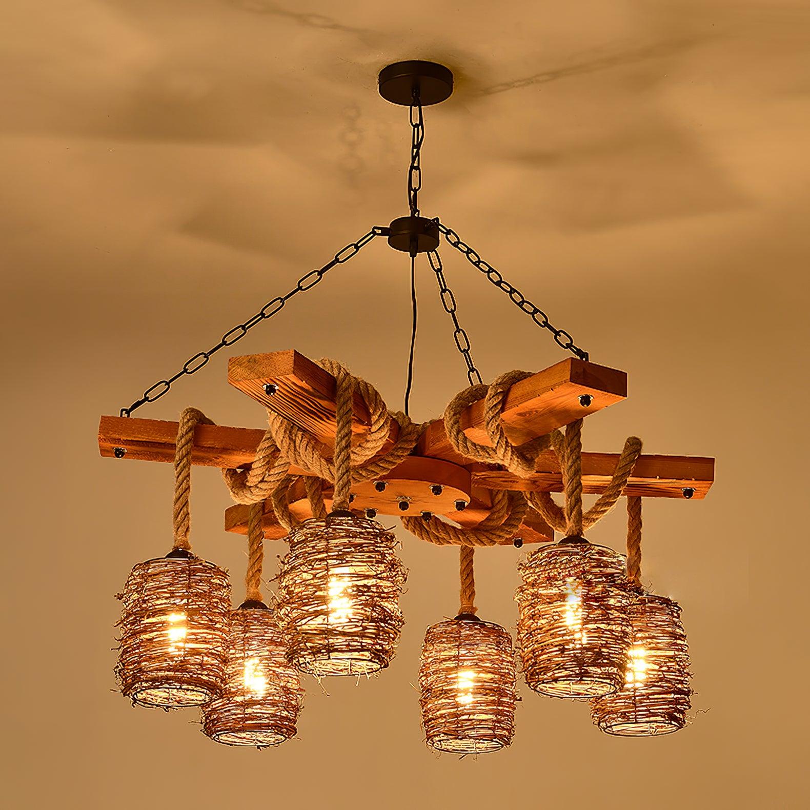 Rinoeon Chandelier Vintage Farmhouse Rattan Wooden