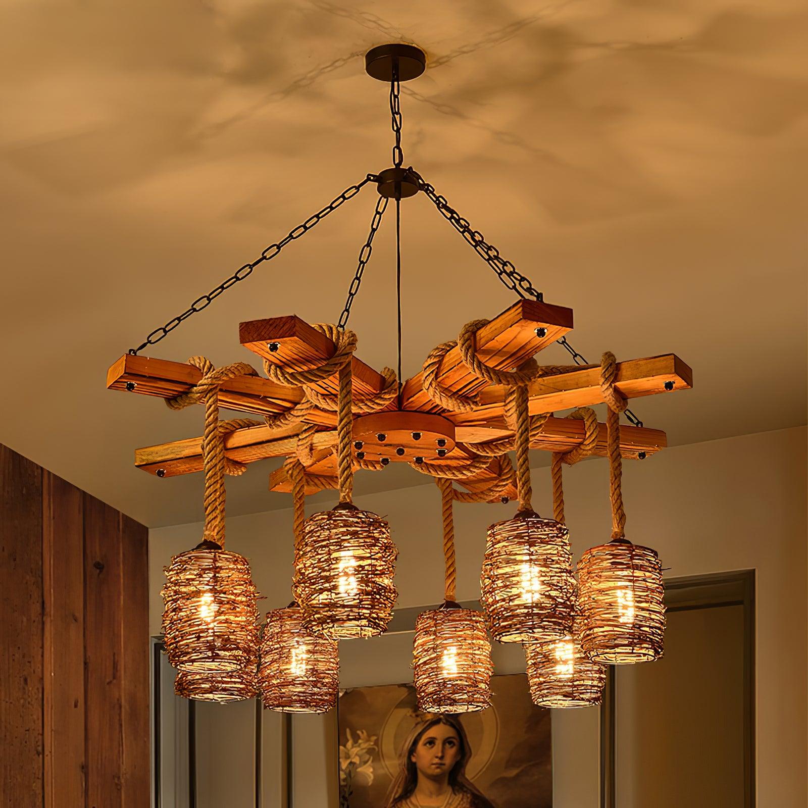 Rinoeon Chandelier Vintage Farmhouse Rattan Wooden