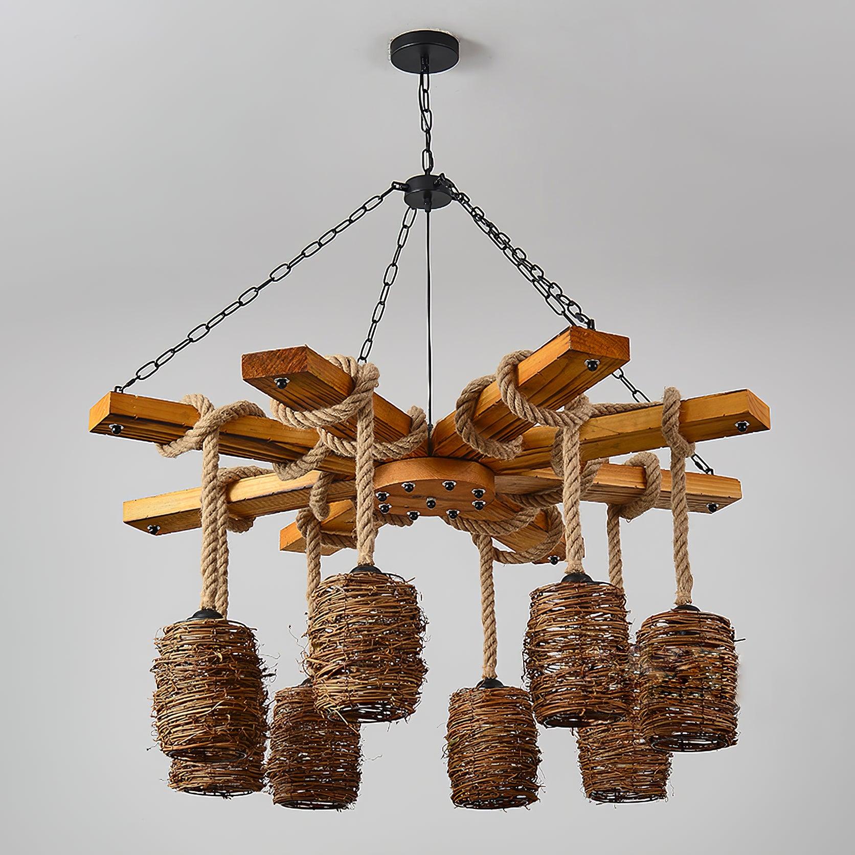 Rinoeon Chandelier Vintage Farmhouse Rattan Wooden