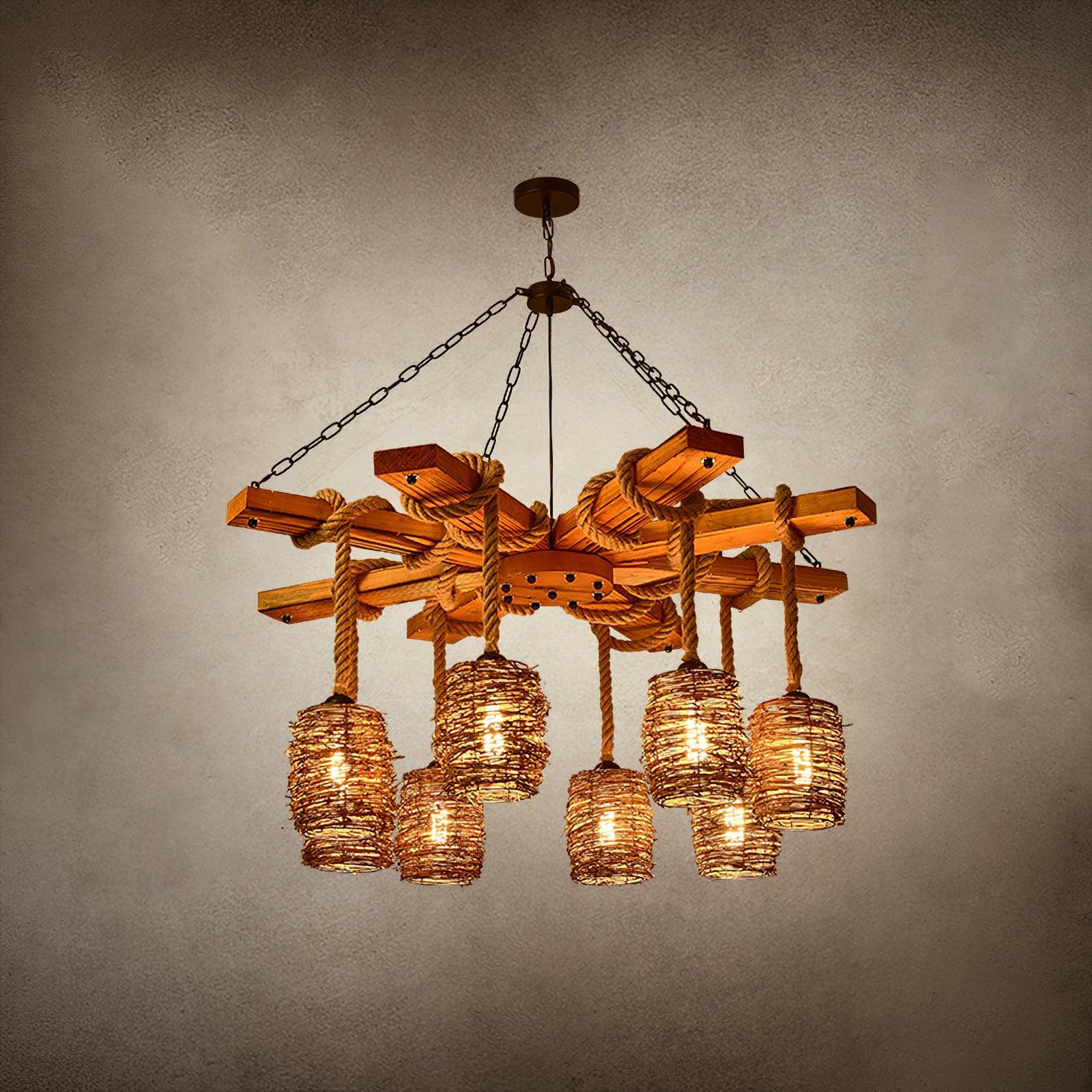 Rinoeon Chandelier Vintage Farmhouse Rattan Wooden