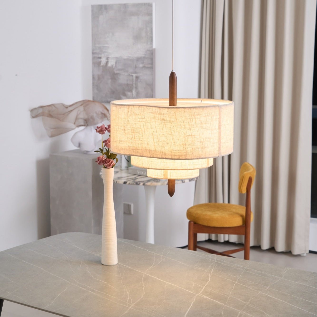 Salemu Elegance Wave Ladder Wood Fabric Pendant Lamp