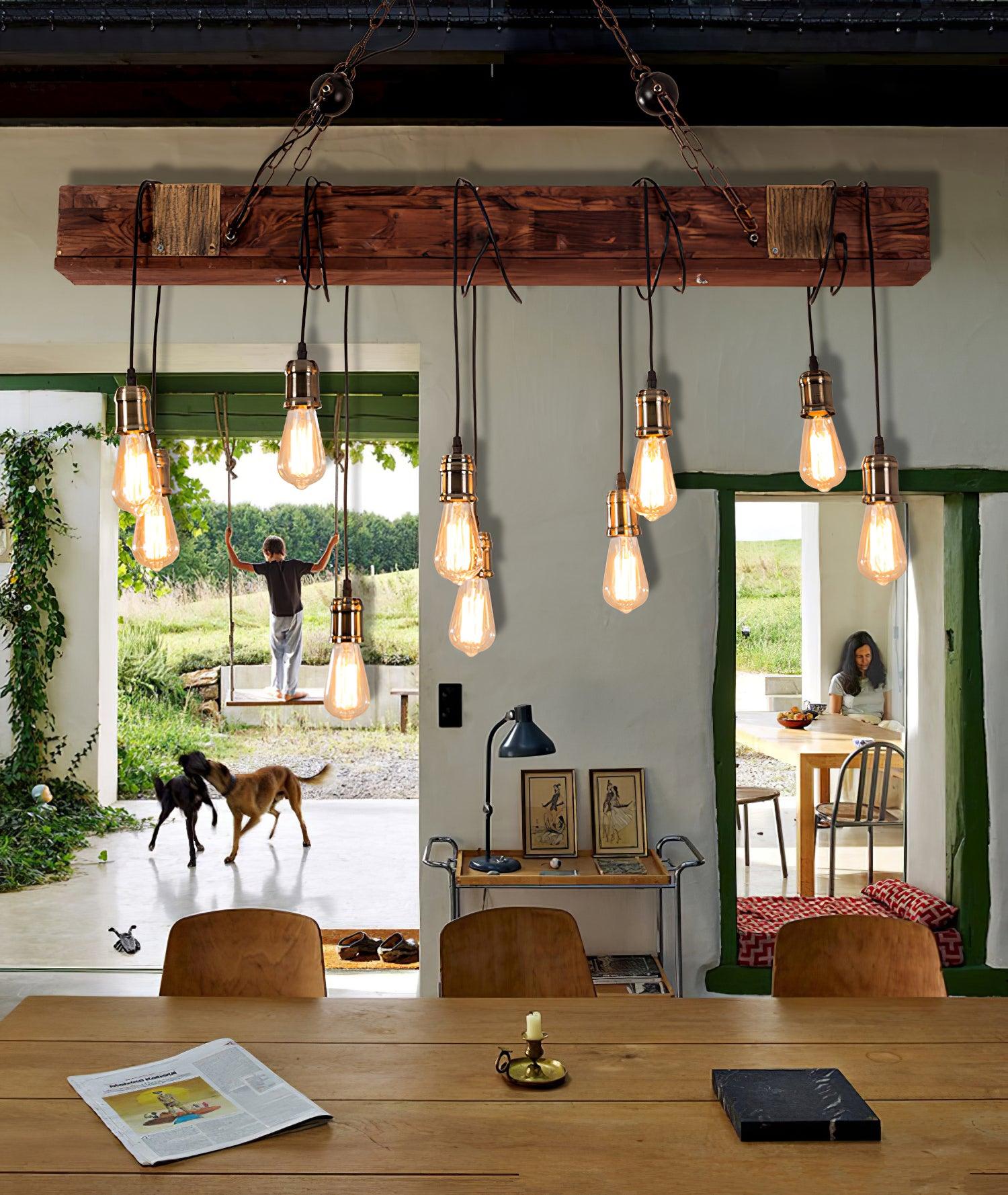 Wexb Chandelier Wooden Beam Edison Bulb Rustic Farmhouse