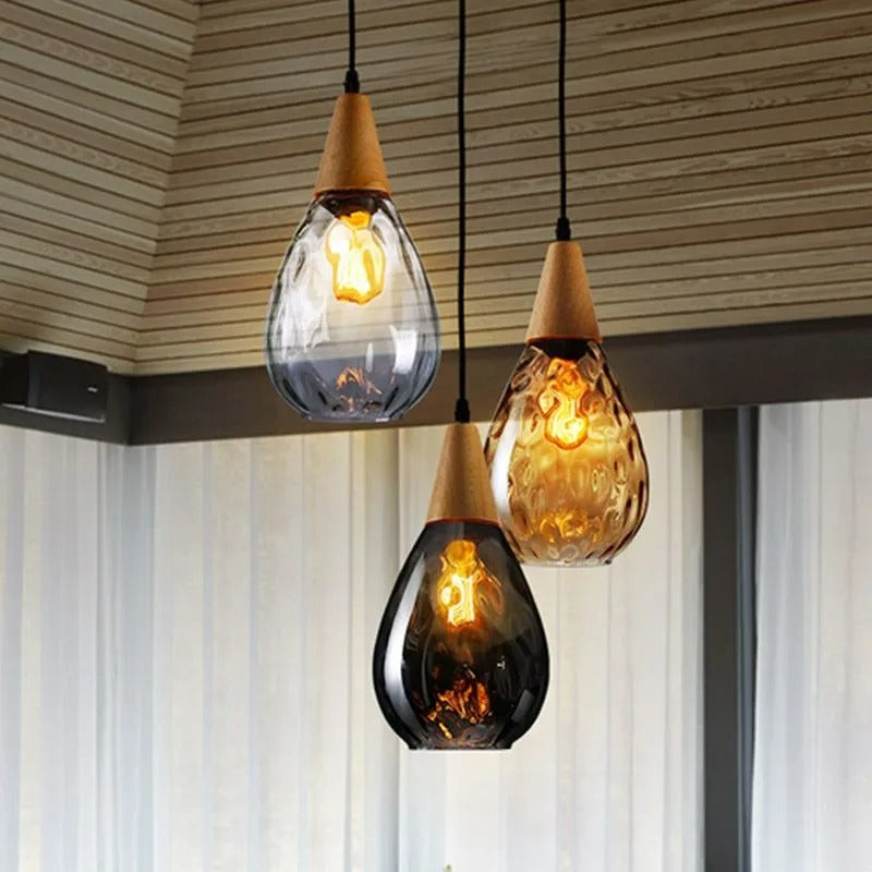Avi Vintage Teardrop Pendant Light, Glass/Wood