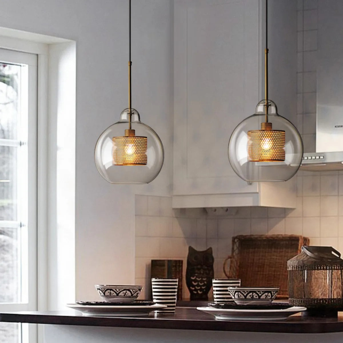 Arisha Golden Pendant Light, /Glass, Globe/Cylindric