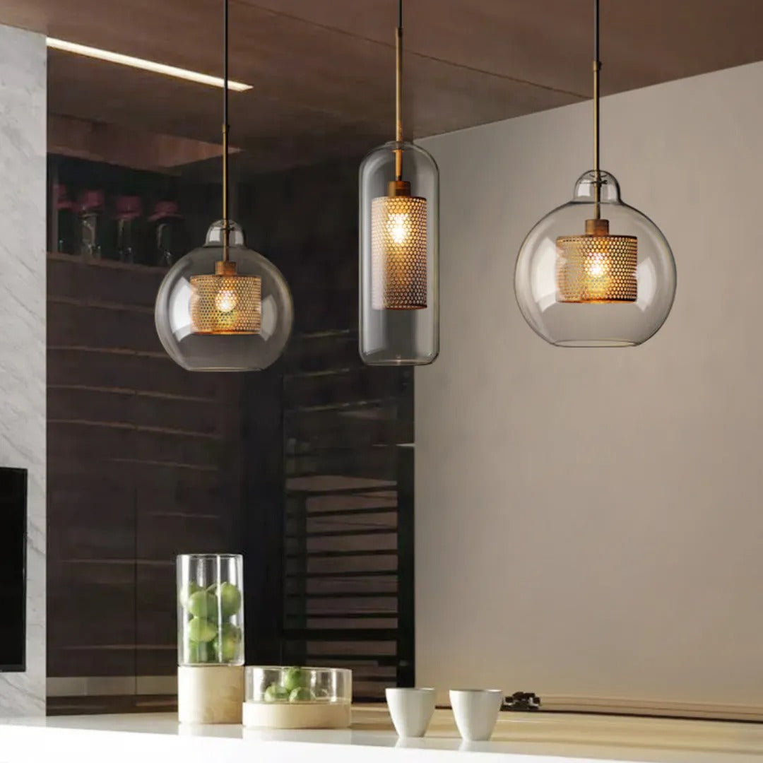Arisha Golden Pendant Light, /Glass, Globe/Cylindric