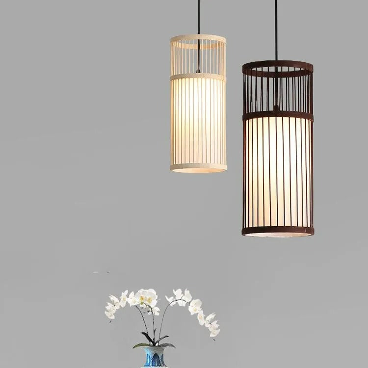 Muto Weave Cylinder Pendant Light, Coffee/Wood, /Bamboo
