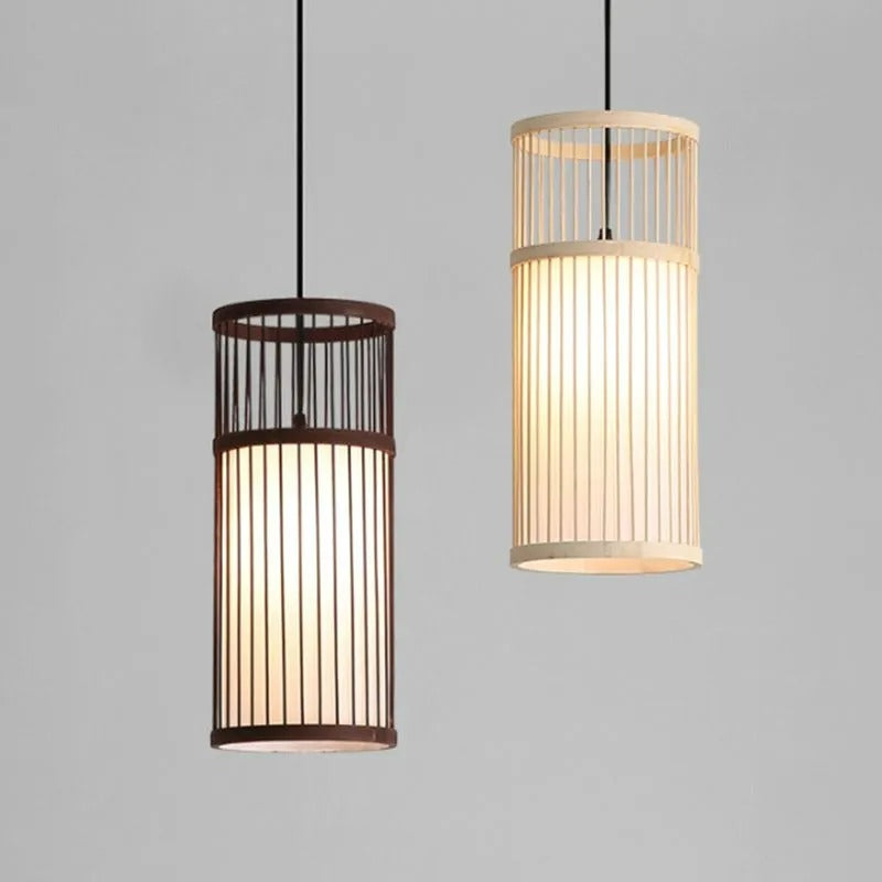 Muto Weave Cylinder Pendant Light, Coffee/Wood, /Bamboo