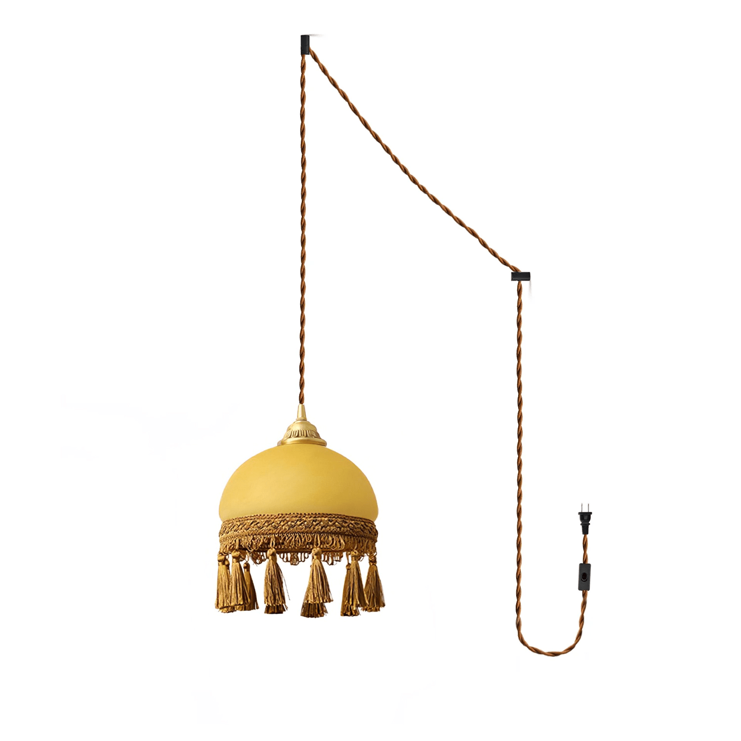 Sycaran French Tassels Swag Brass Glass Fabric Pendant Light