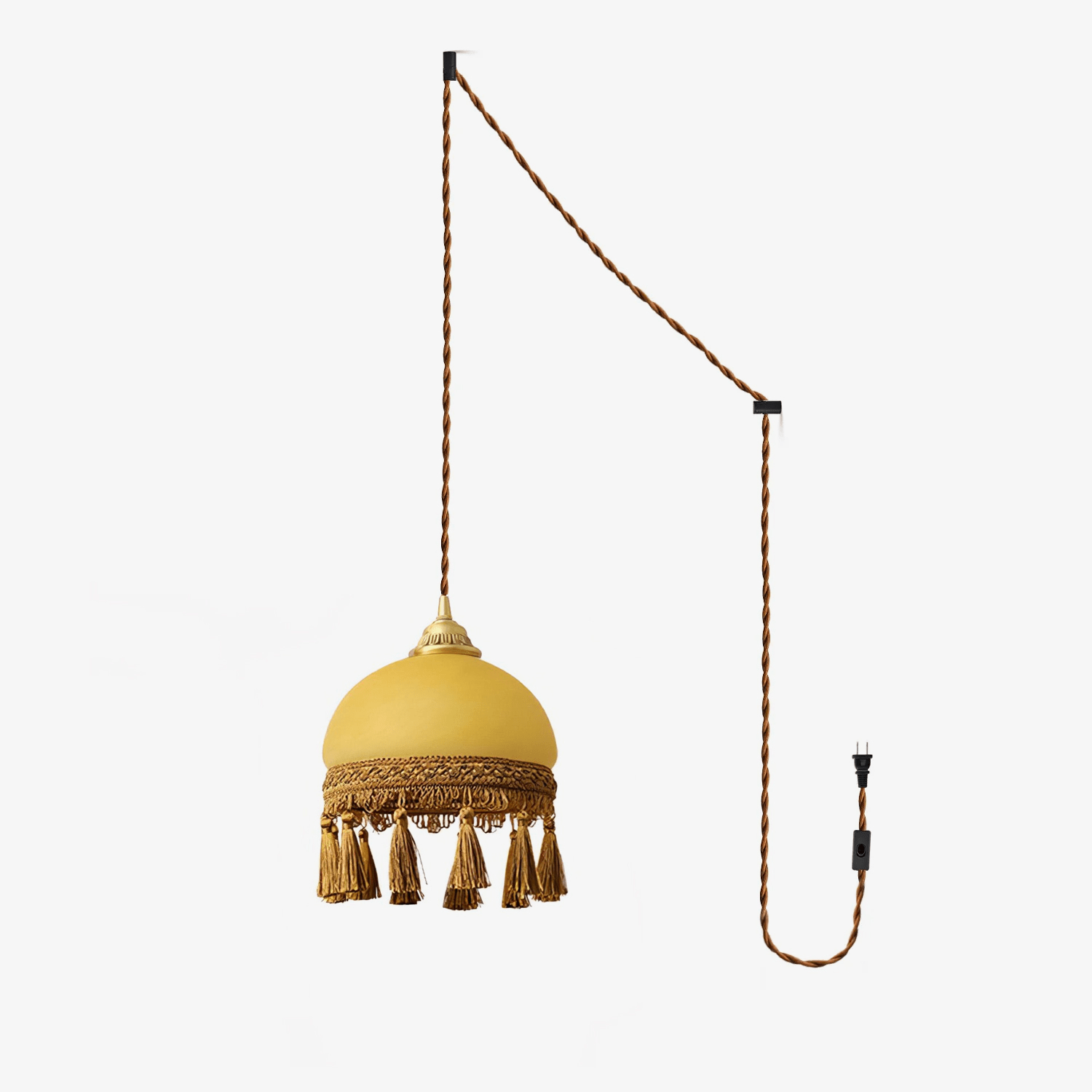 Sycaran French Tassels Swag Brass Glass Fabric Pendant Light