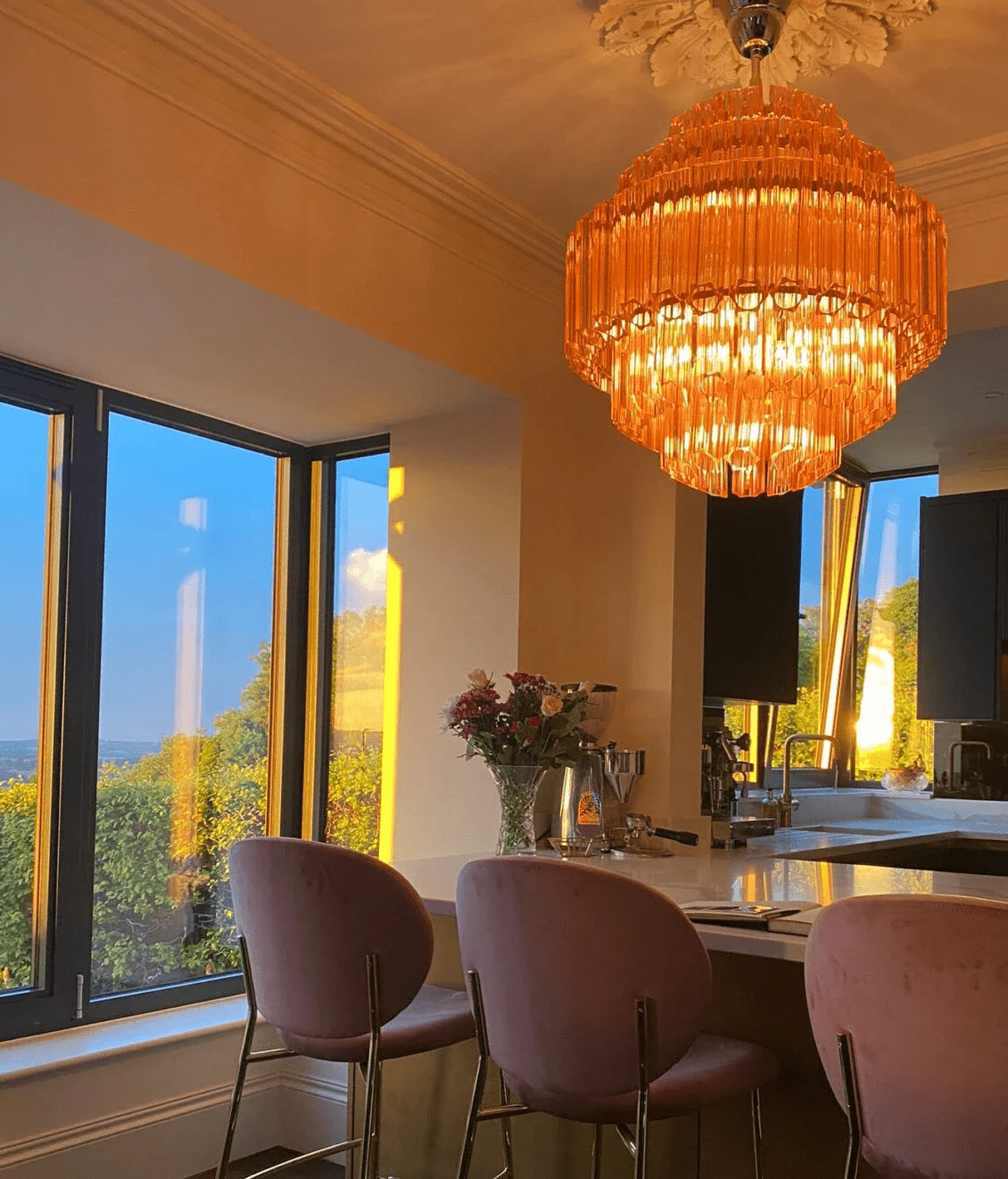 Veleneon Chandelier Pink Glass Tube Layered Diamond