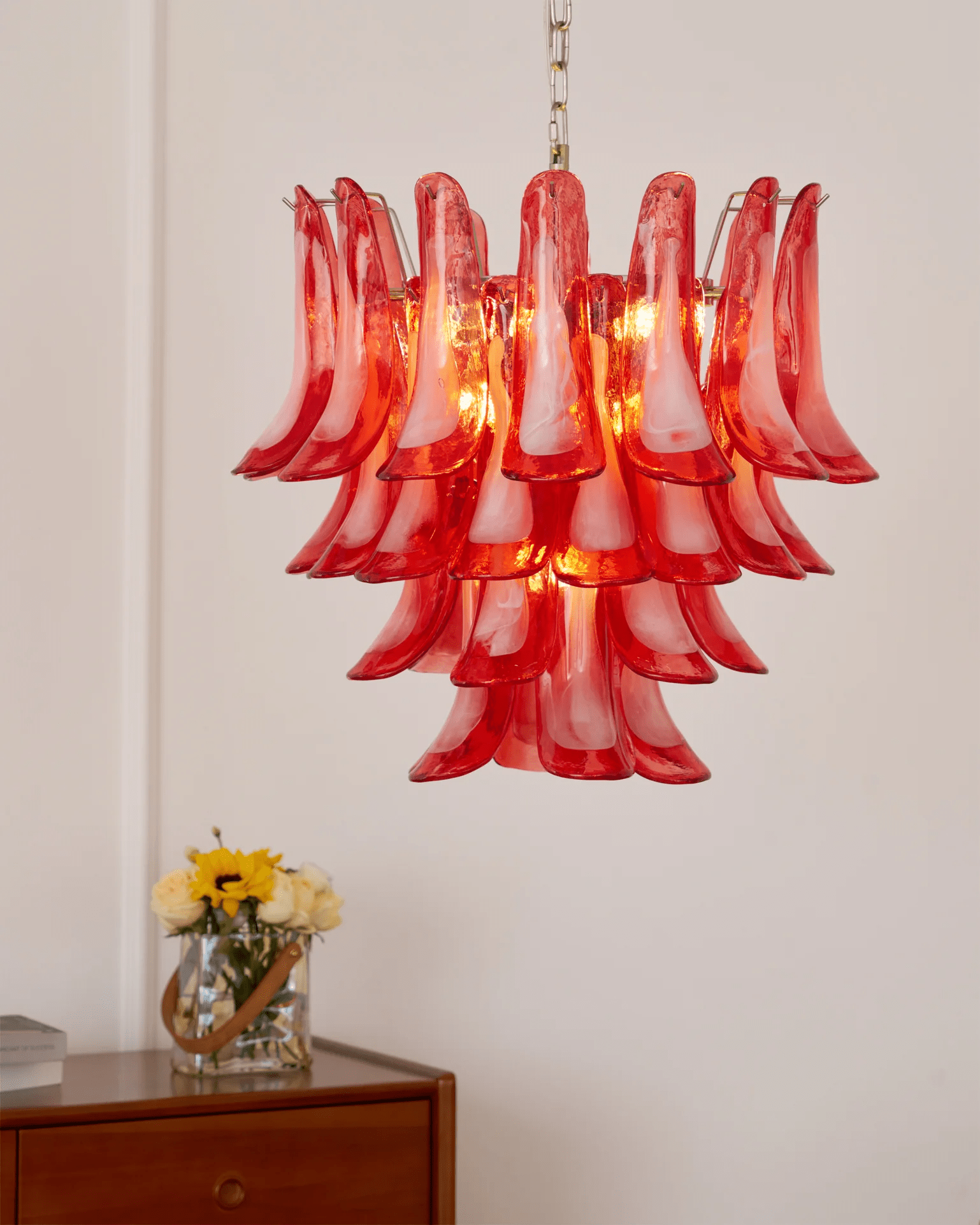 Celoelle Chandelier Crimson Murano Glass Petals Layered Vintage