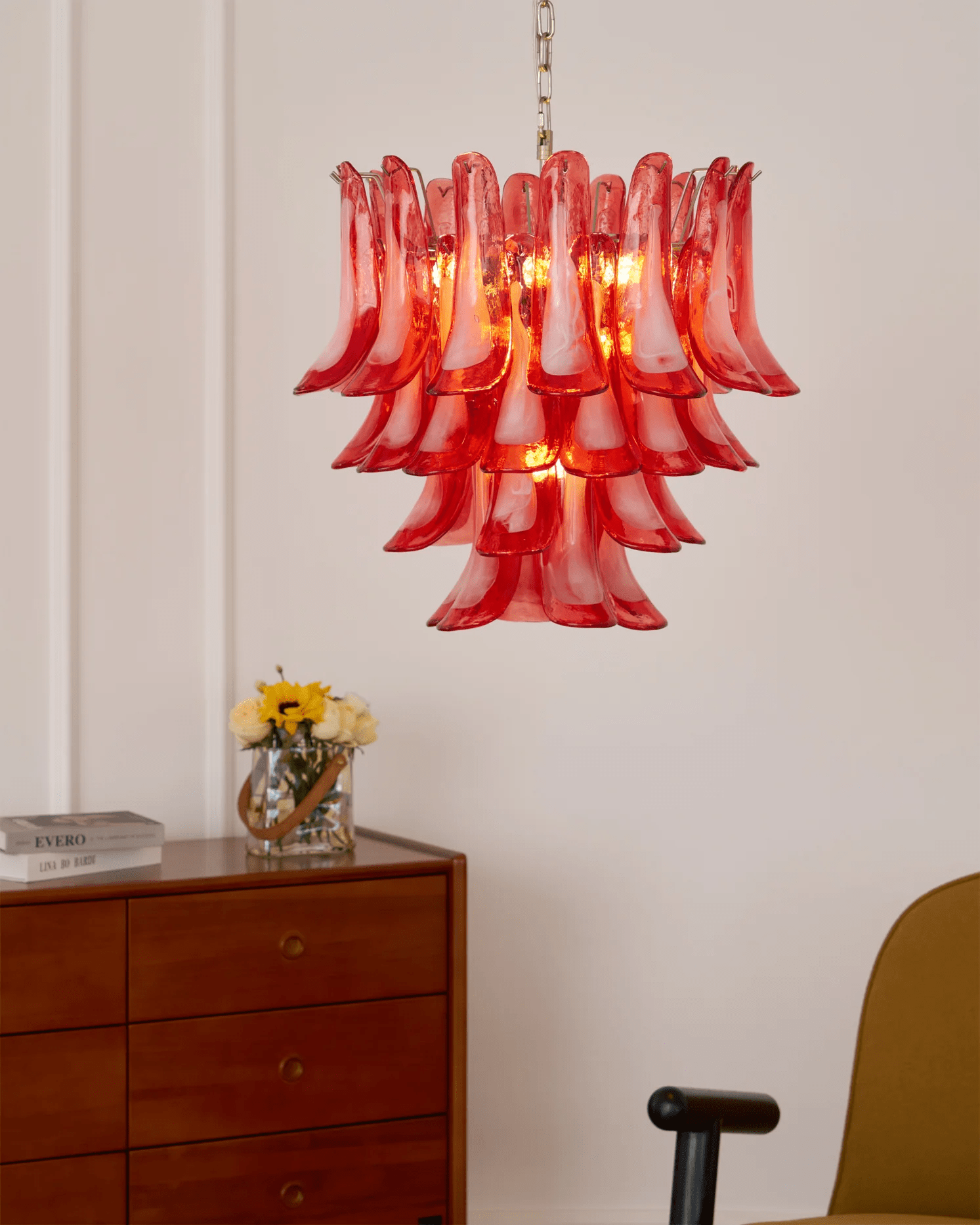 Celoelle Chandelier Crimson Murano Glass Petals Layered Vintage