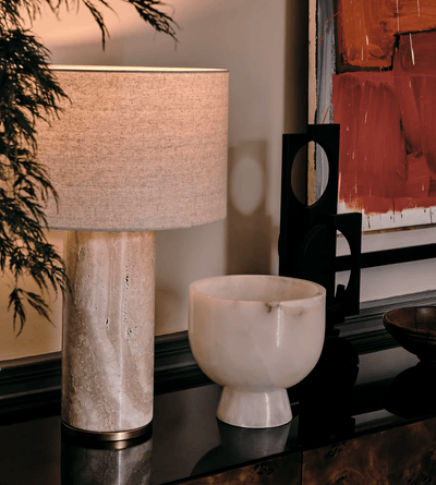 Vonoryra Cylindrical Travertine Table Lamp - Neutral Decor