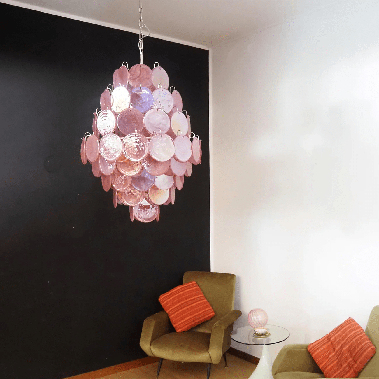Aurora Chandelier Pink Murano Glass Handblown Discs - Neutral Decor