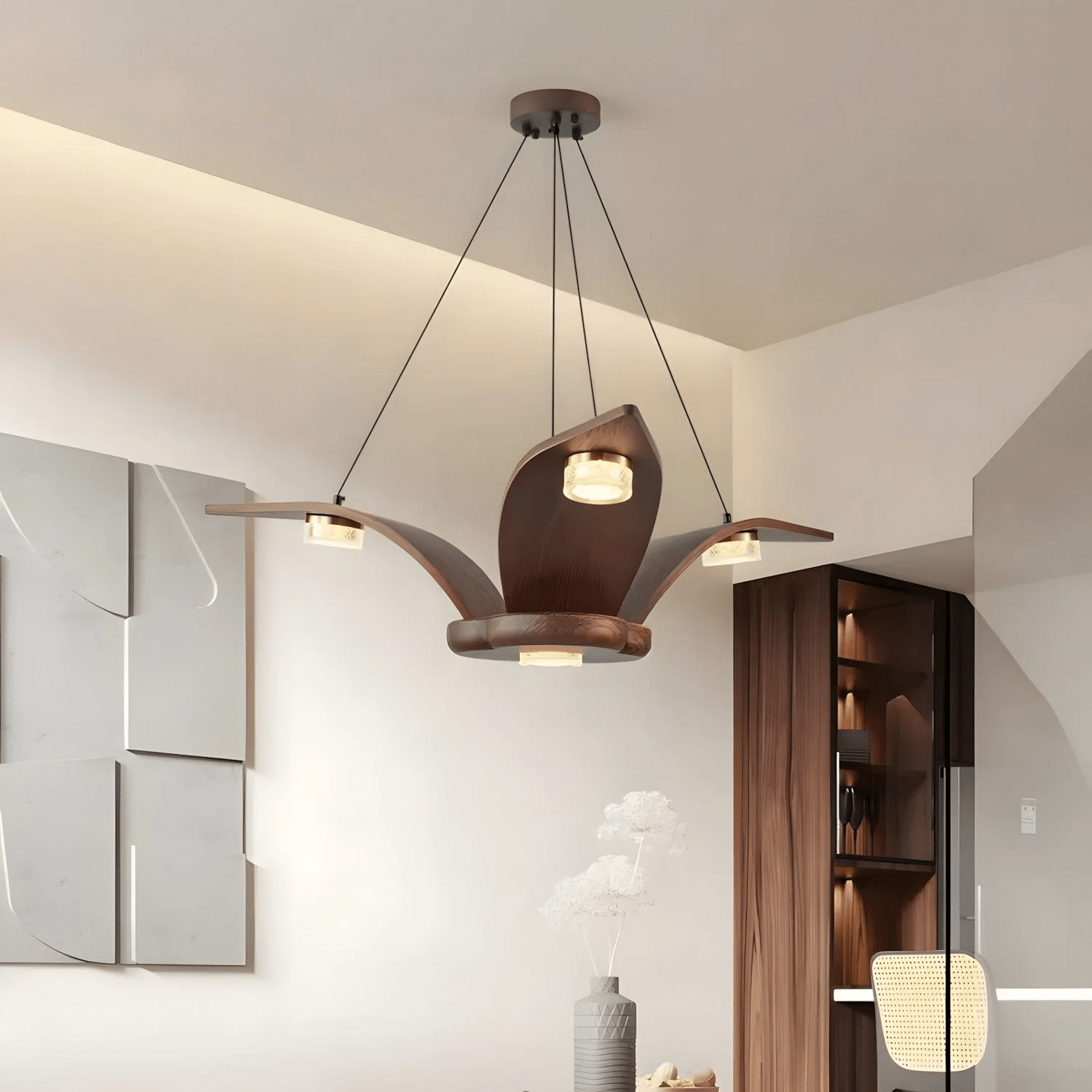 Rhexo Chandelier Walnut Wood Crystal Sculptural