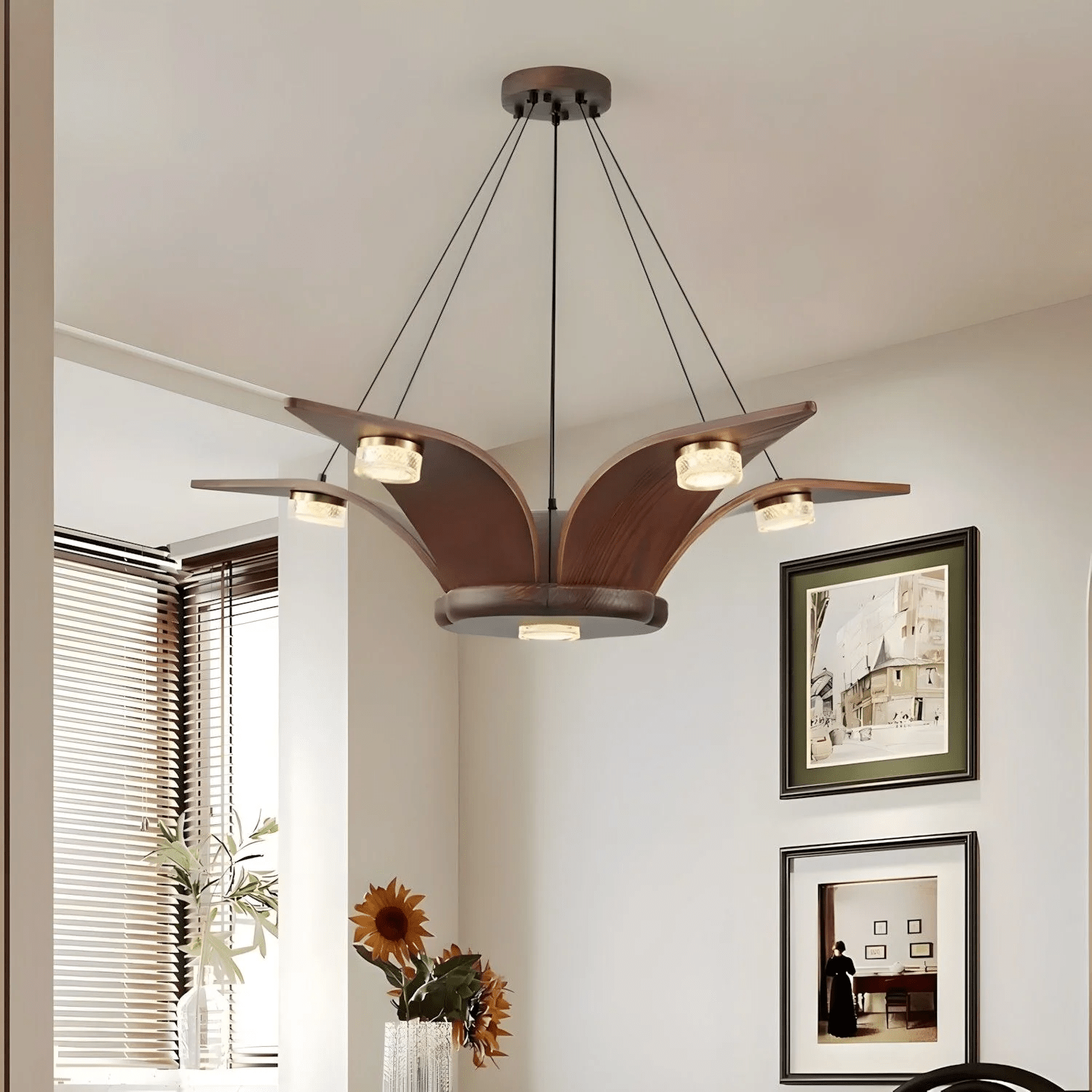 Rhexo Chandelier Walnut Wood Crystal Sculptural