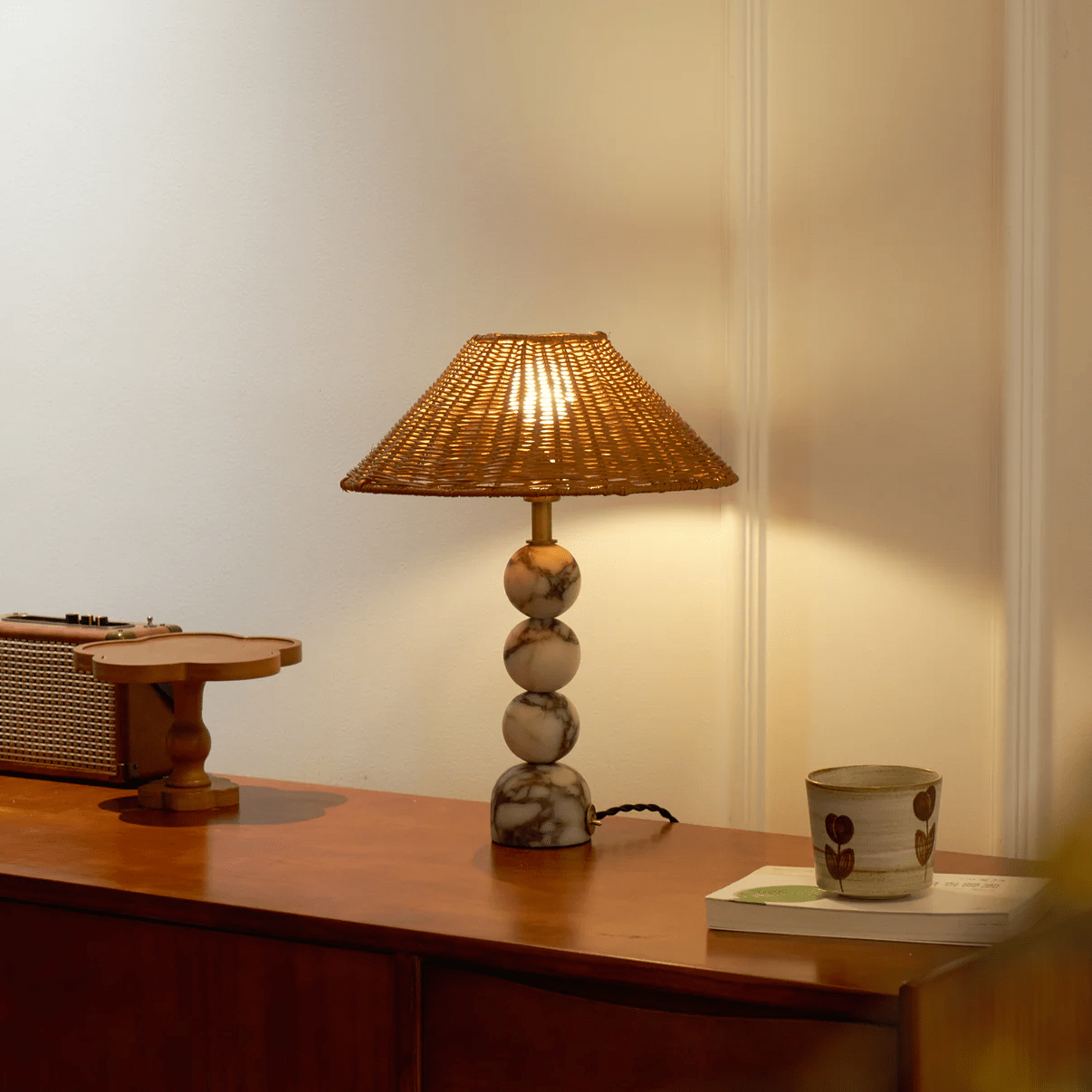 Canarora Marble Orb Rattan Table Lamp