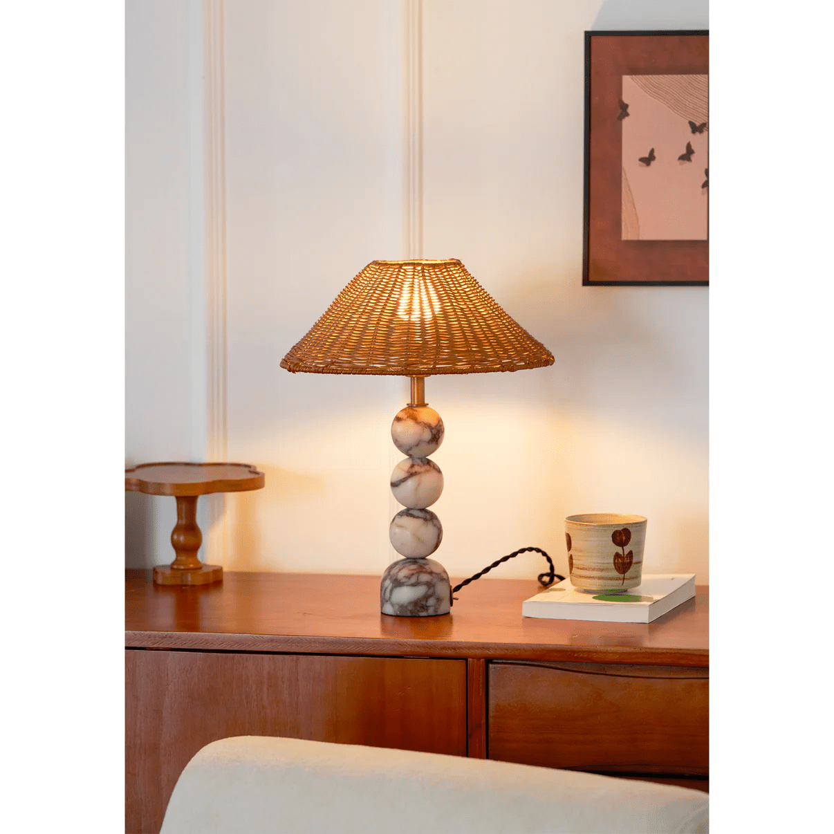 Canarora Marble Orb Rattan Table Lamp