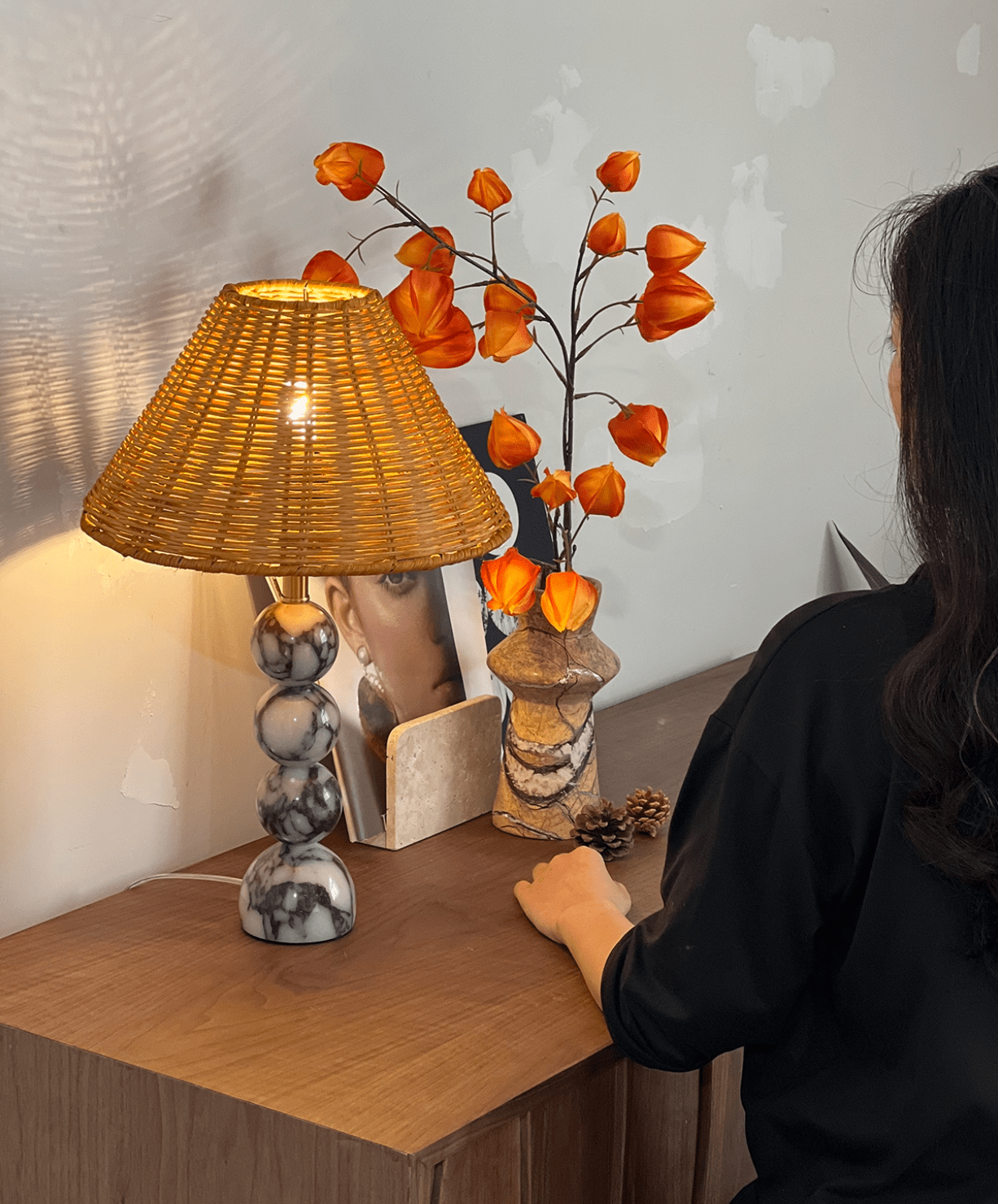 Canarora Marble Orb Rattan Table Lamp