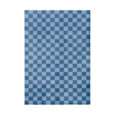 Tiberius Classic Washable Rug with checkered pattern in blue, perfect for modern living spaces.