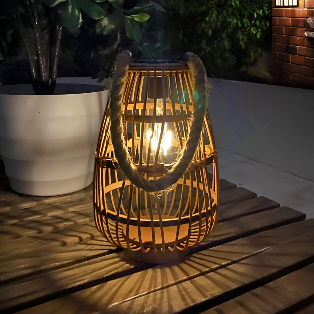 Shiley Portable Bamboo LED Retro Rattan Wood Outdoor Lanterns